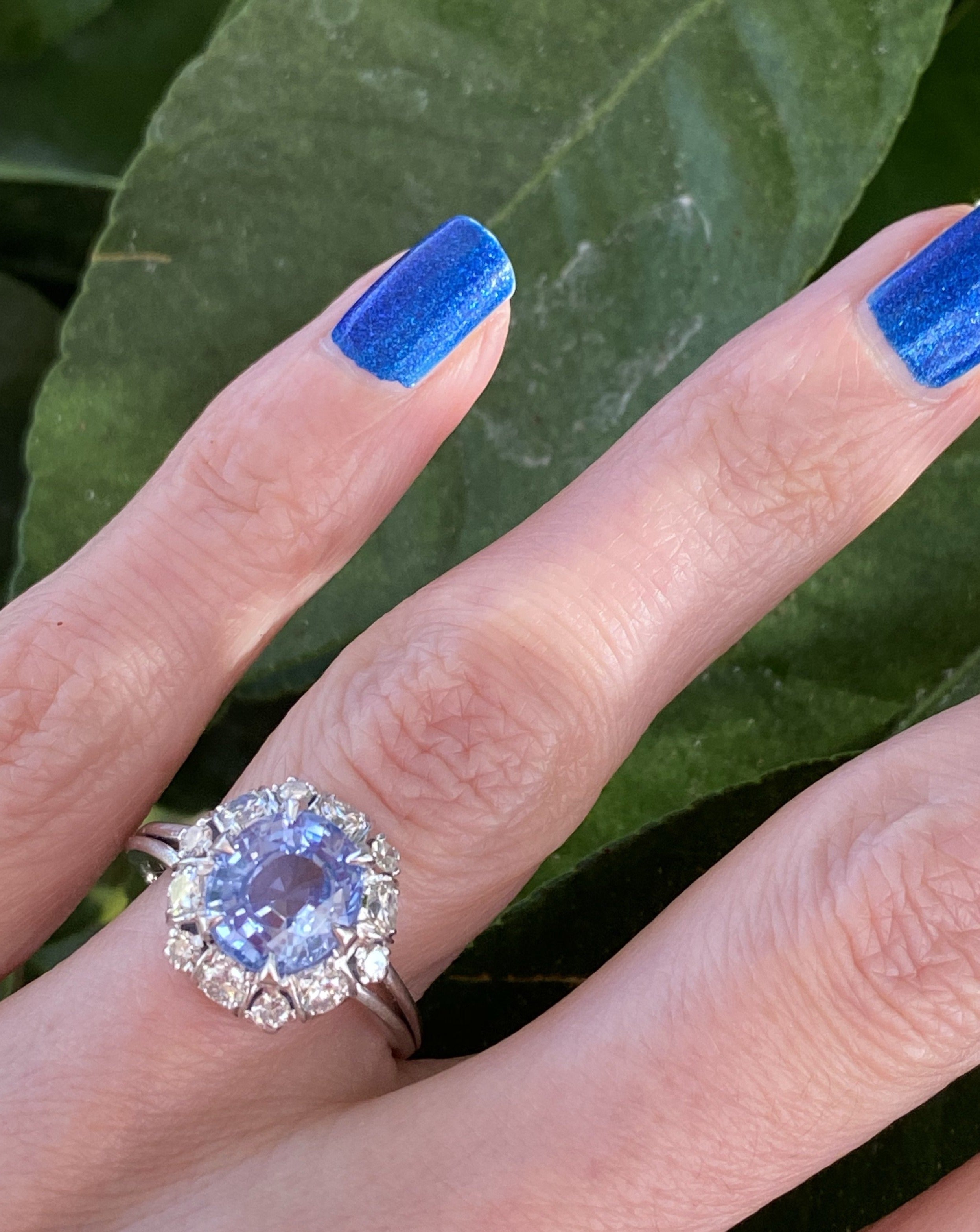 3.51 Carat Blue Ceylon Sapphire and Diamond Halo Ring in Platinum 
