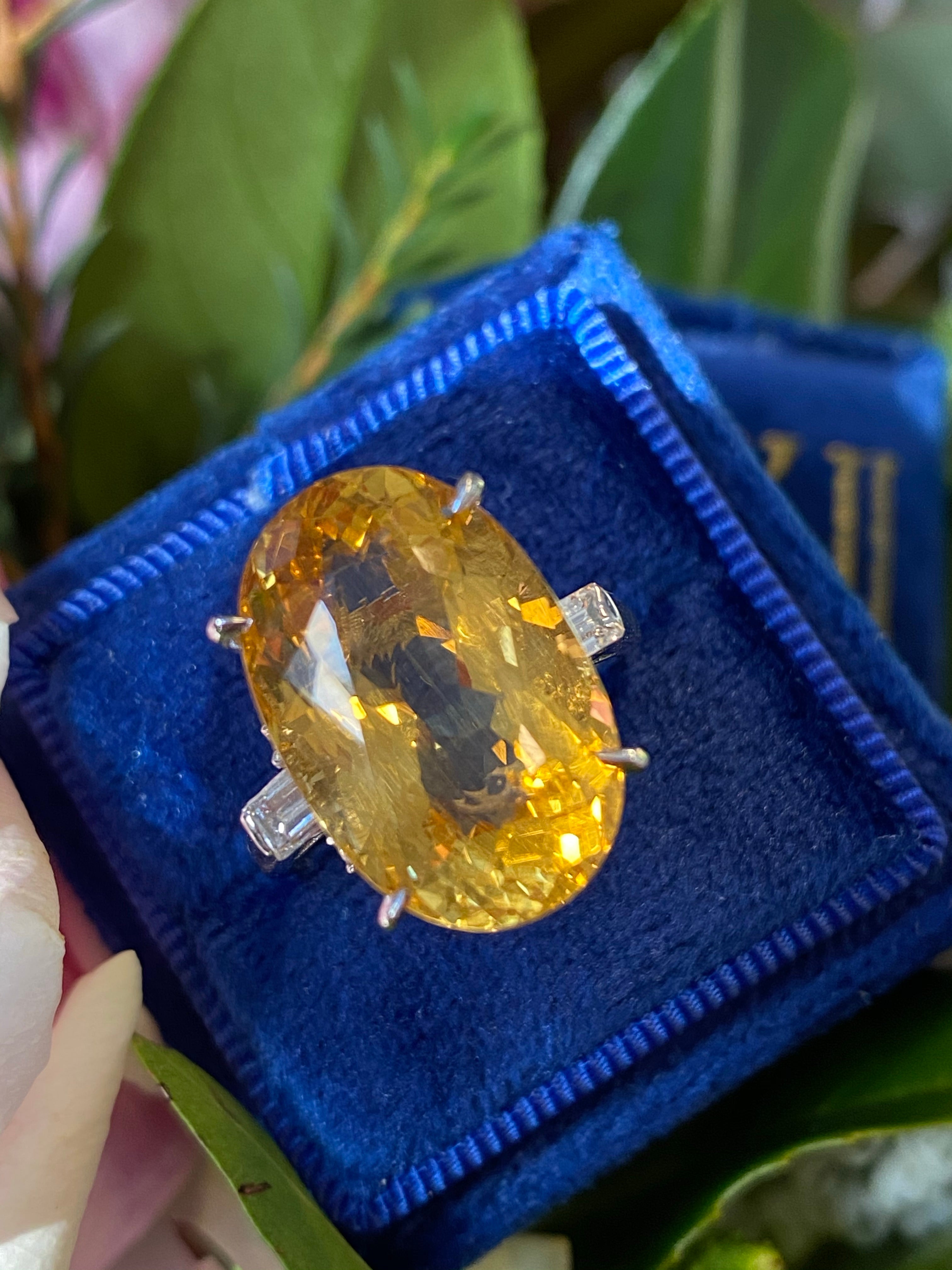 10.08 Carat Oval Cut Golden Heliodor and Diamond Ring in Platinum