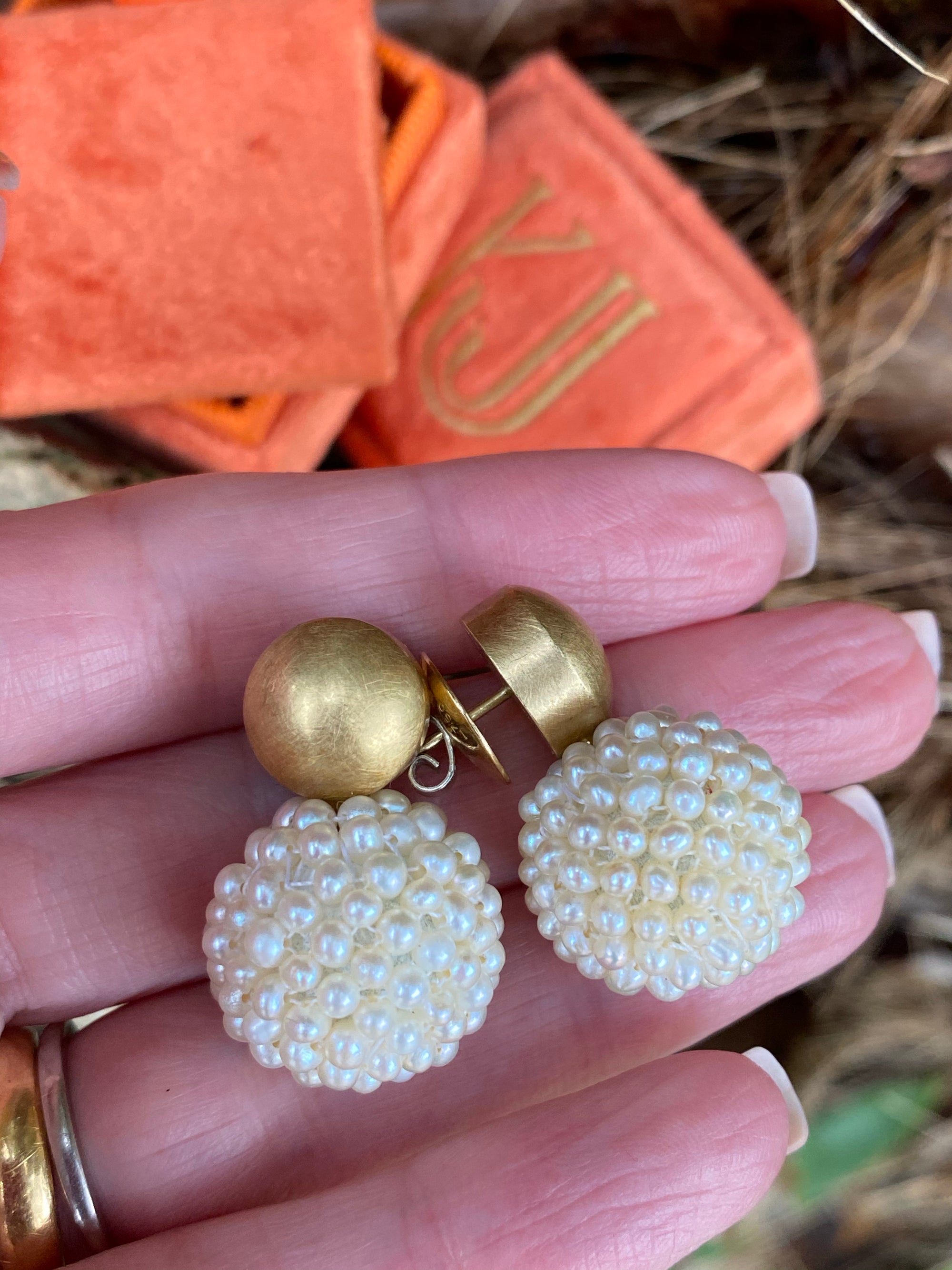 Vintage Seed Pearl and Yellow Gold Ball Drop Earrings