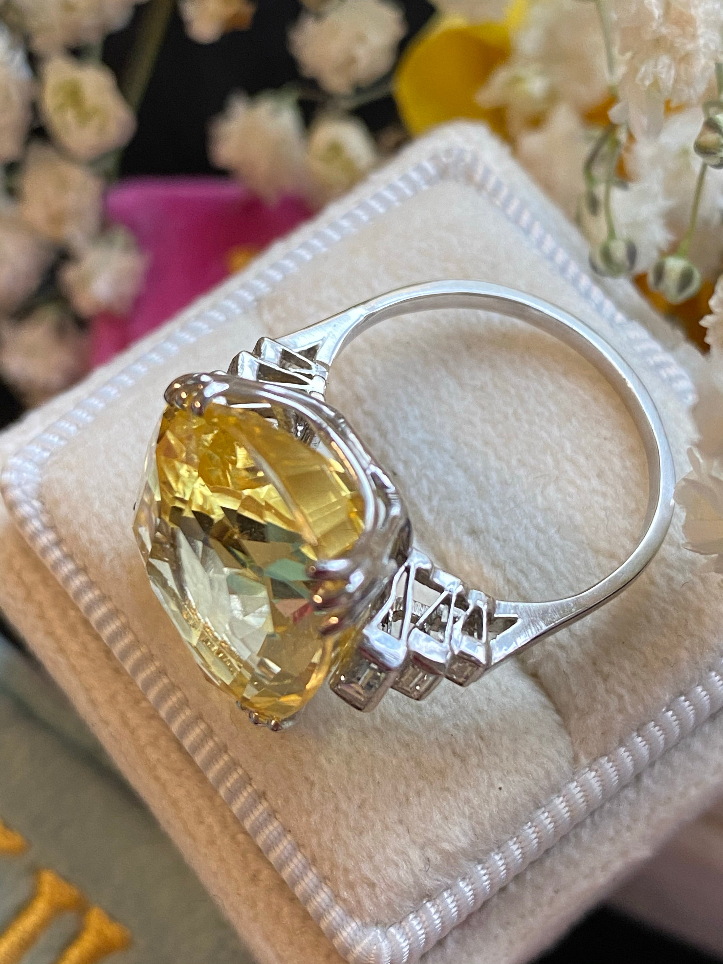 19.60 Carat Certified Unheated Yellow Sapphire and Diamond Art Deco Ring