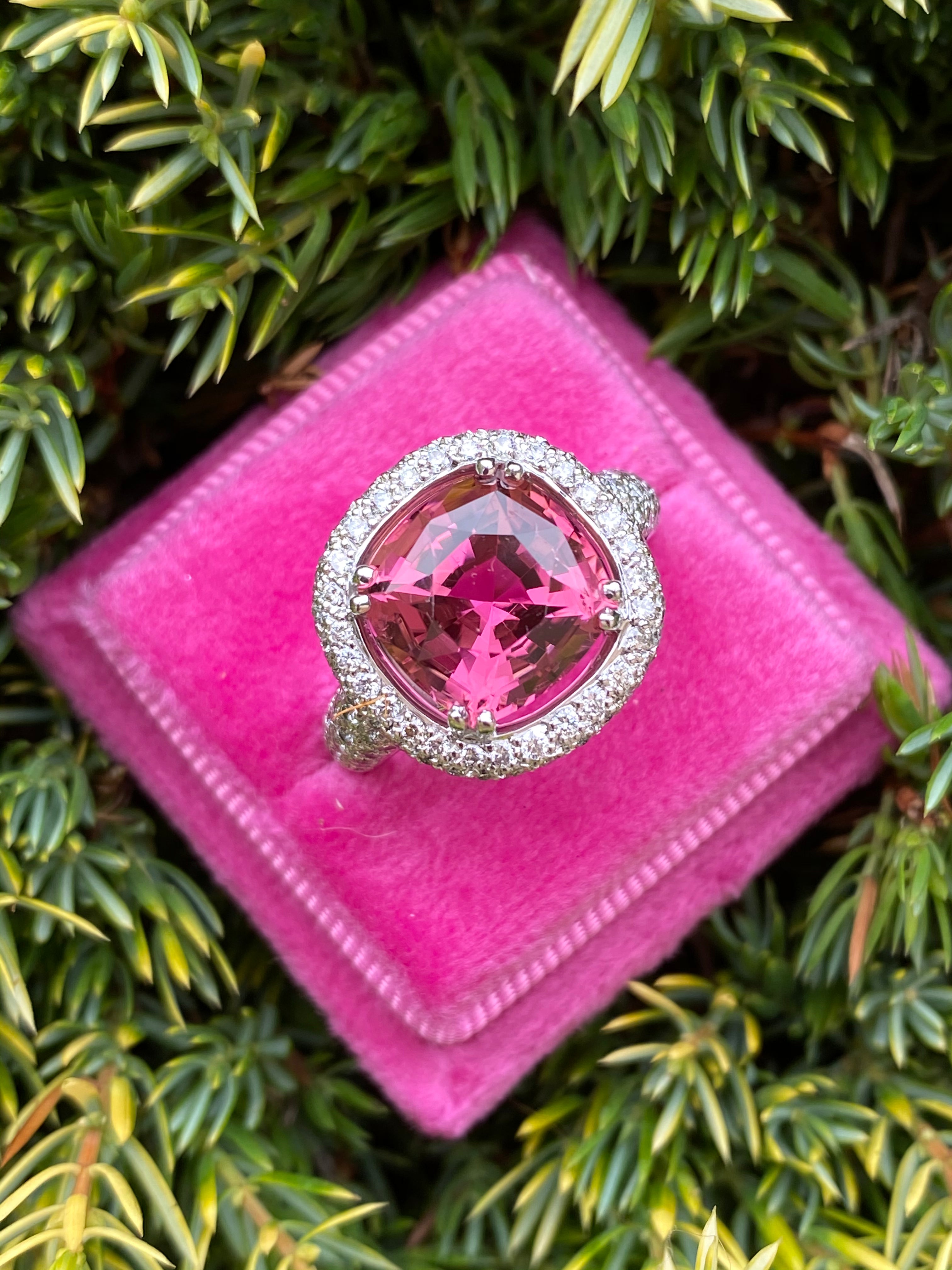 Cushion Cut Pink Tourmaline and Diamond Halo Ring in White Gold 