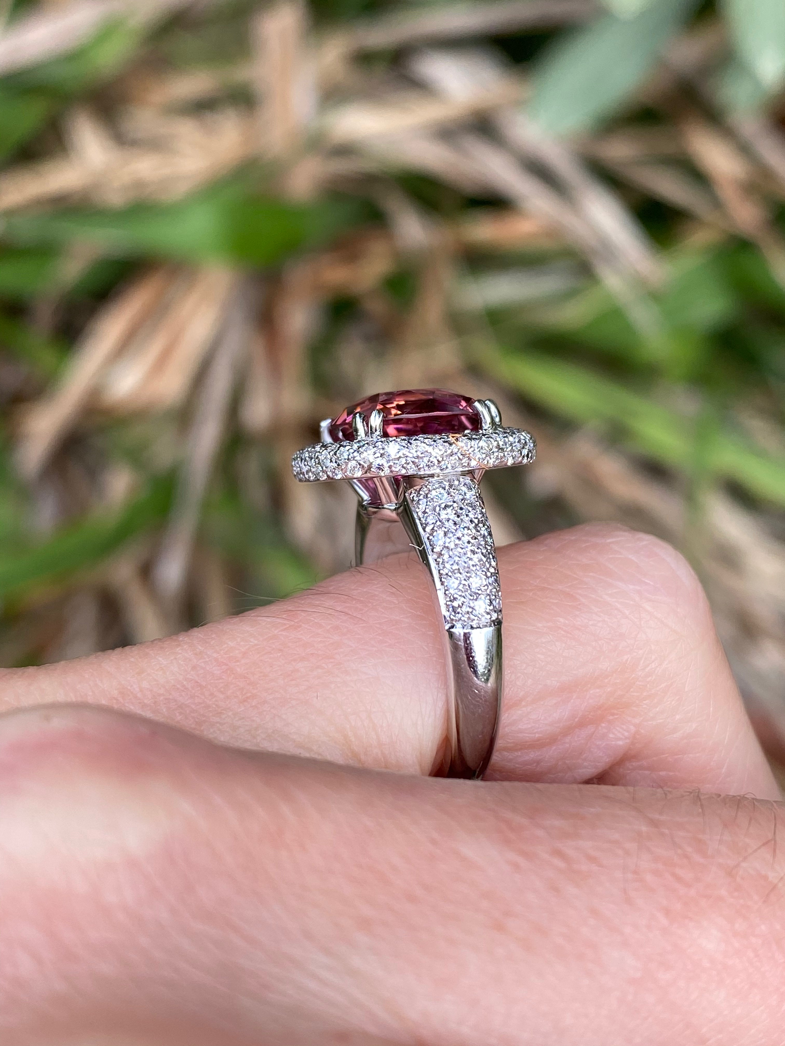Cushion Cut Pink Tourmaline and Diamond Halo Ring in White Gold 