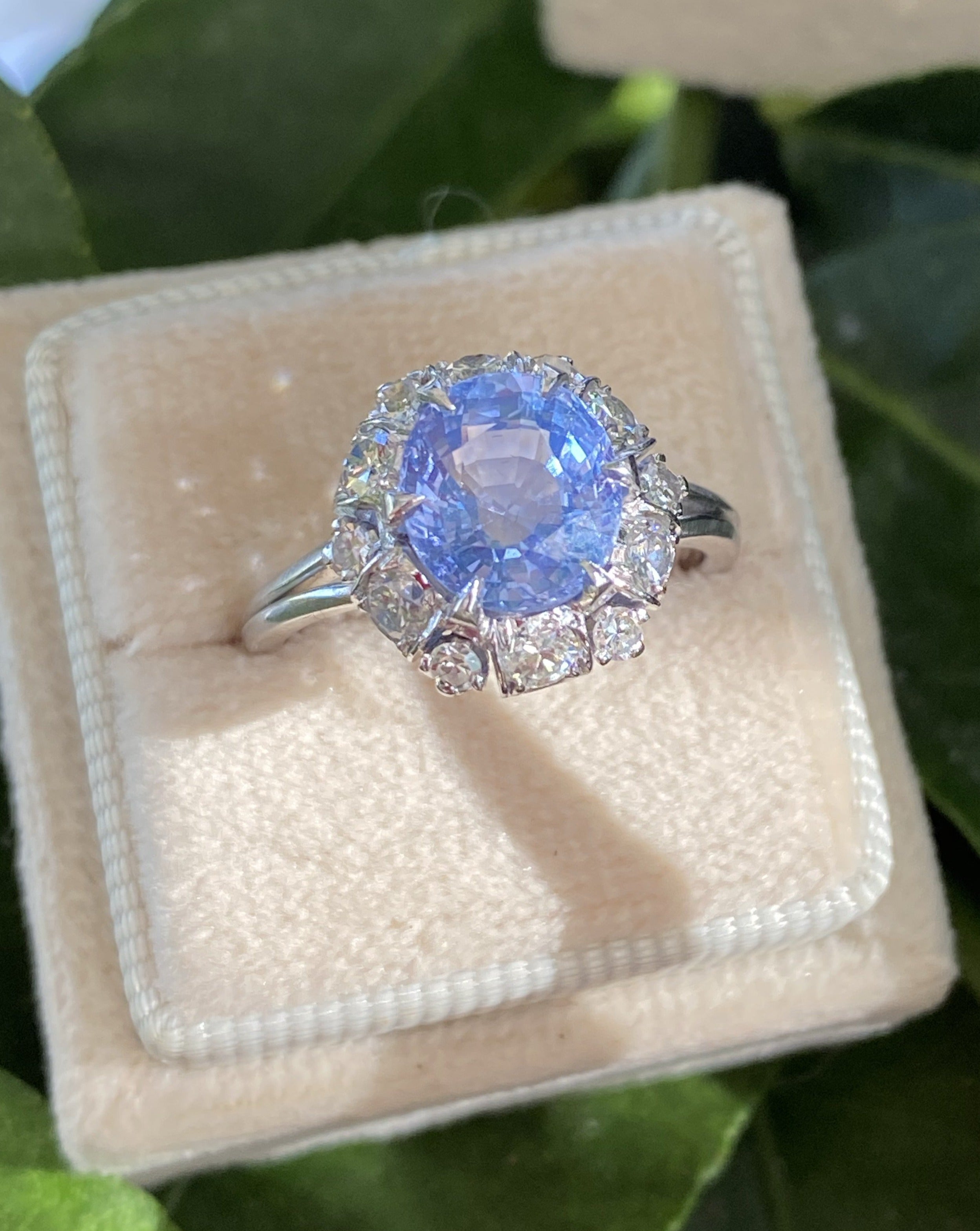 3.51 Carat Blue Ceylon Sapphire and Diamond Halo Ring in Platinum 