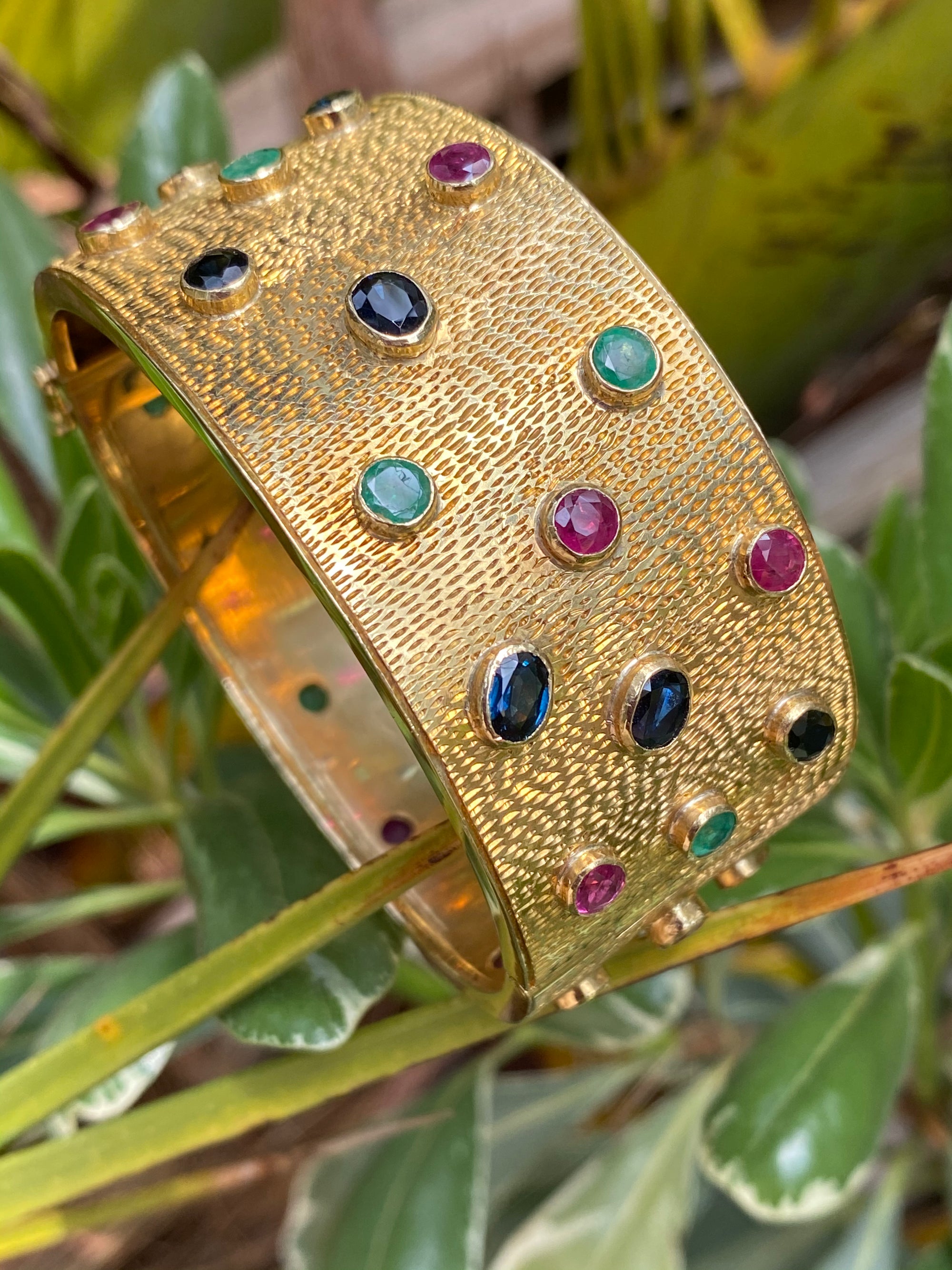 Vintage Ruby, Blue Sapphire and Emerald Bezel Set Cuff Bangle Bracelet in 18K Yellow Gold 