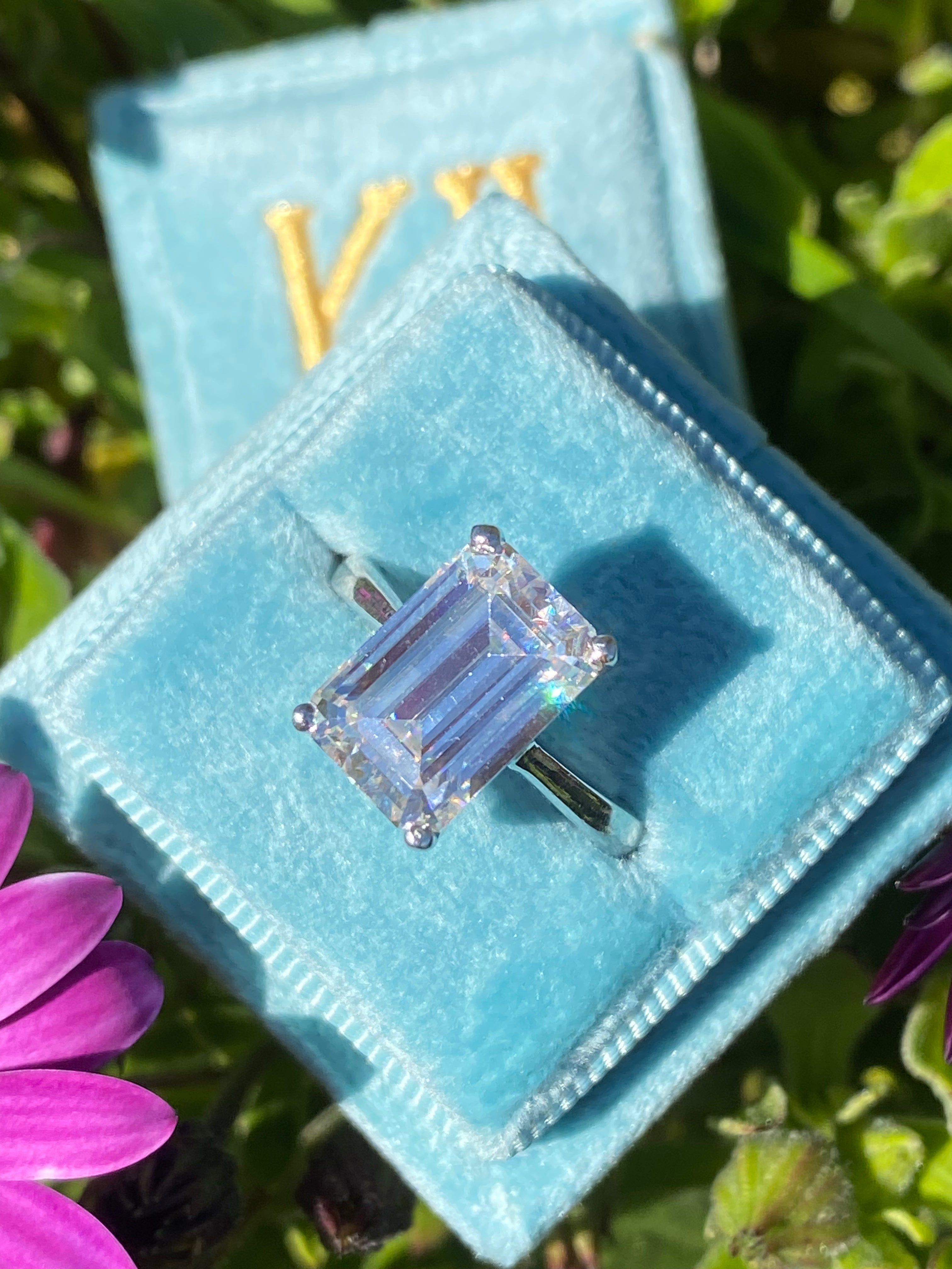 5 Carat Emerald Cut Moissanite Engagement Ring in Sterling Silver Katherine James Jewellery 
