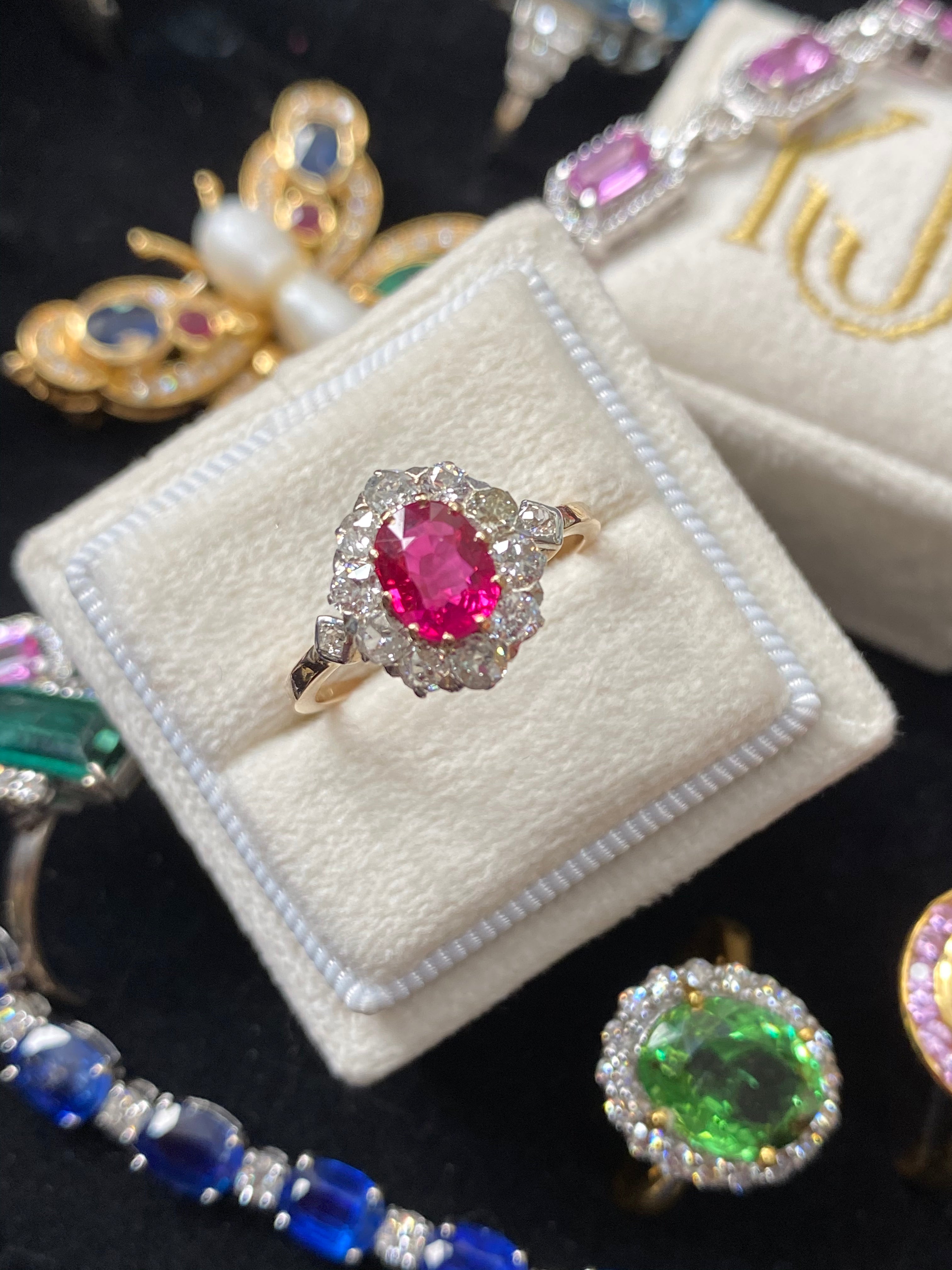 Antique Ruby and Diamond Halo Engagement Ring in Yellow Gold 