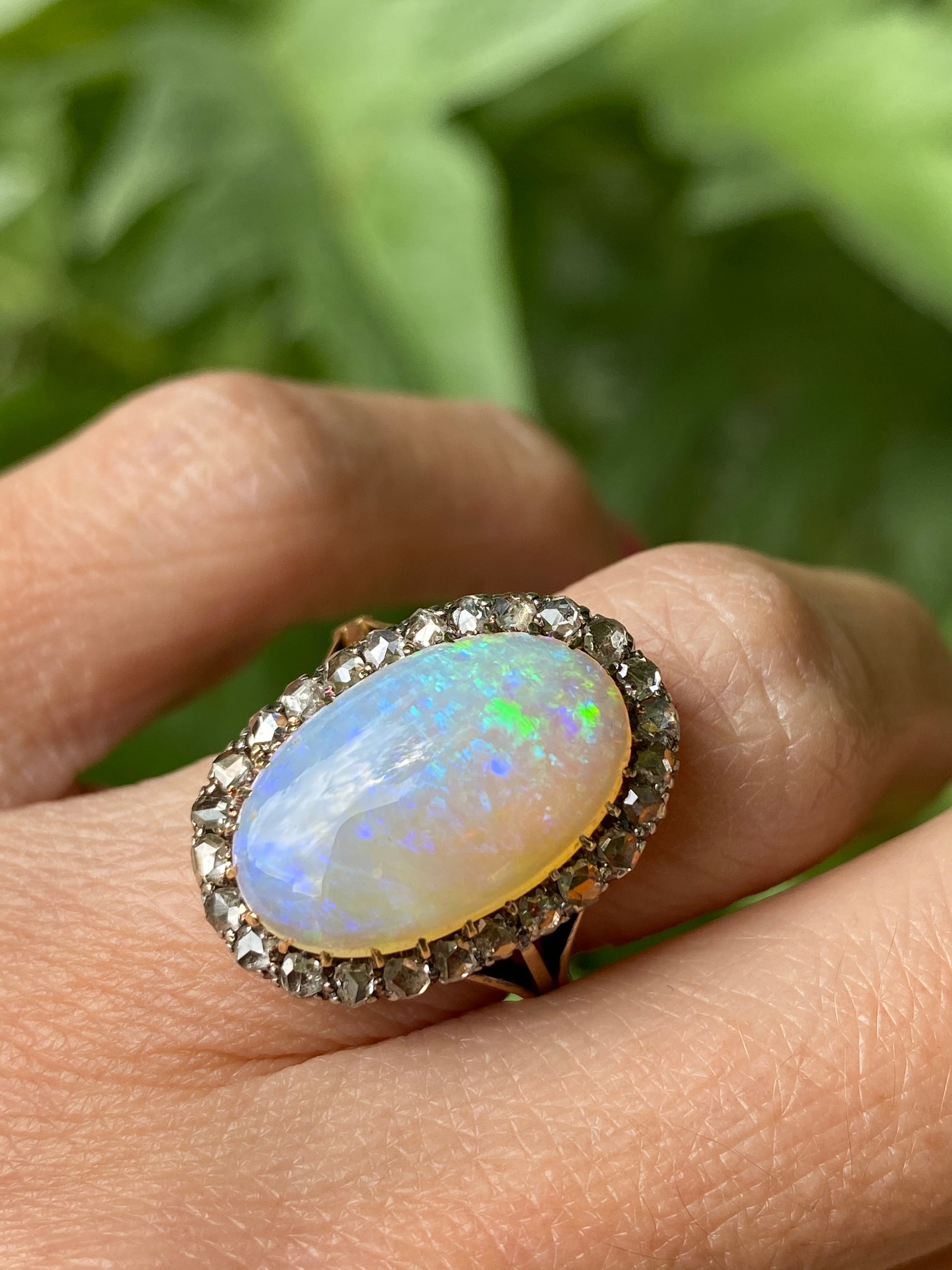 Antique Victorian White Opal and Old Euro Cut Diamond halo cocktail ring in Gold 