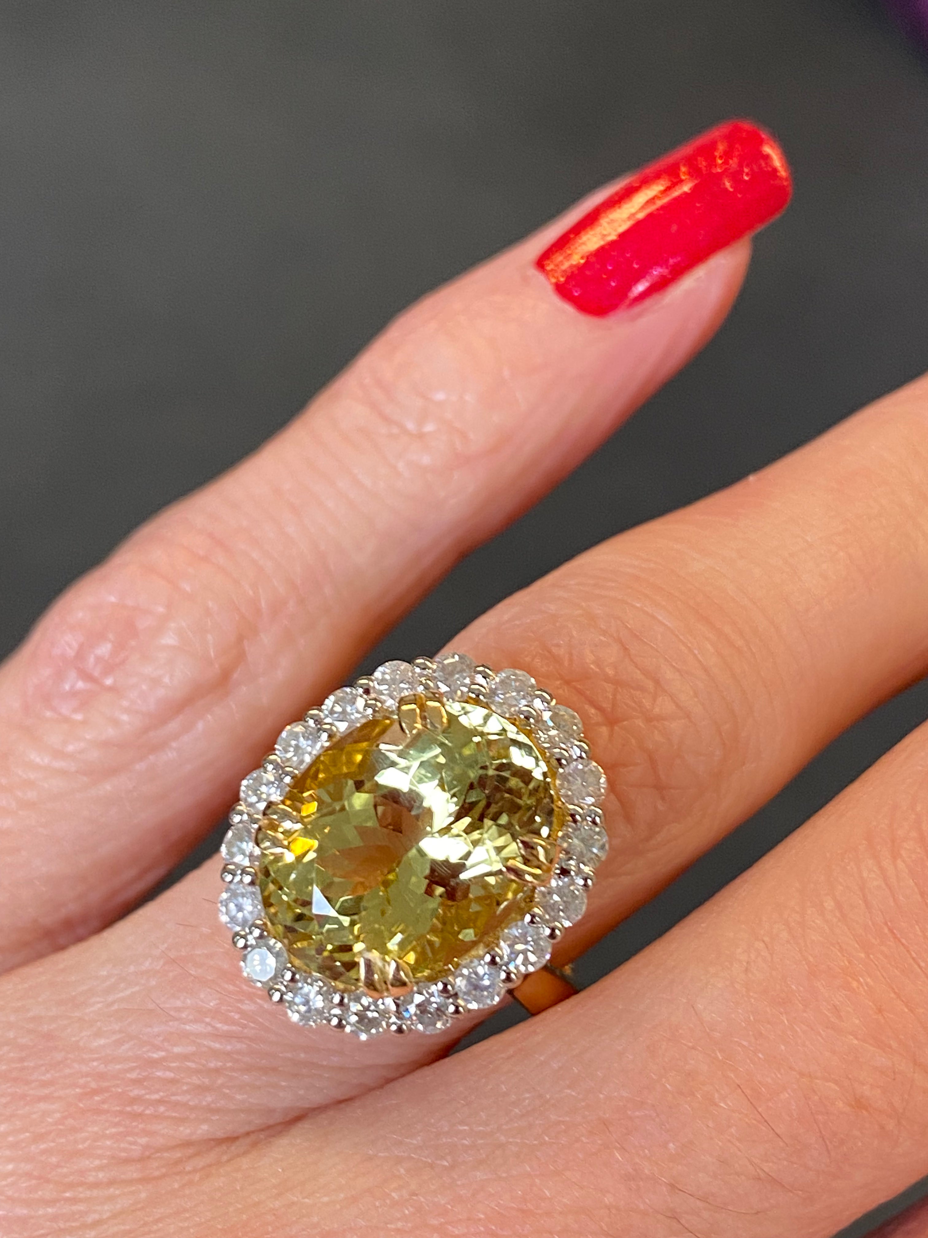 7.50ct Yellow Aquamarine and 1.00ct Diamond Halo Ring in 18ct Yellow Gold