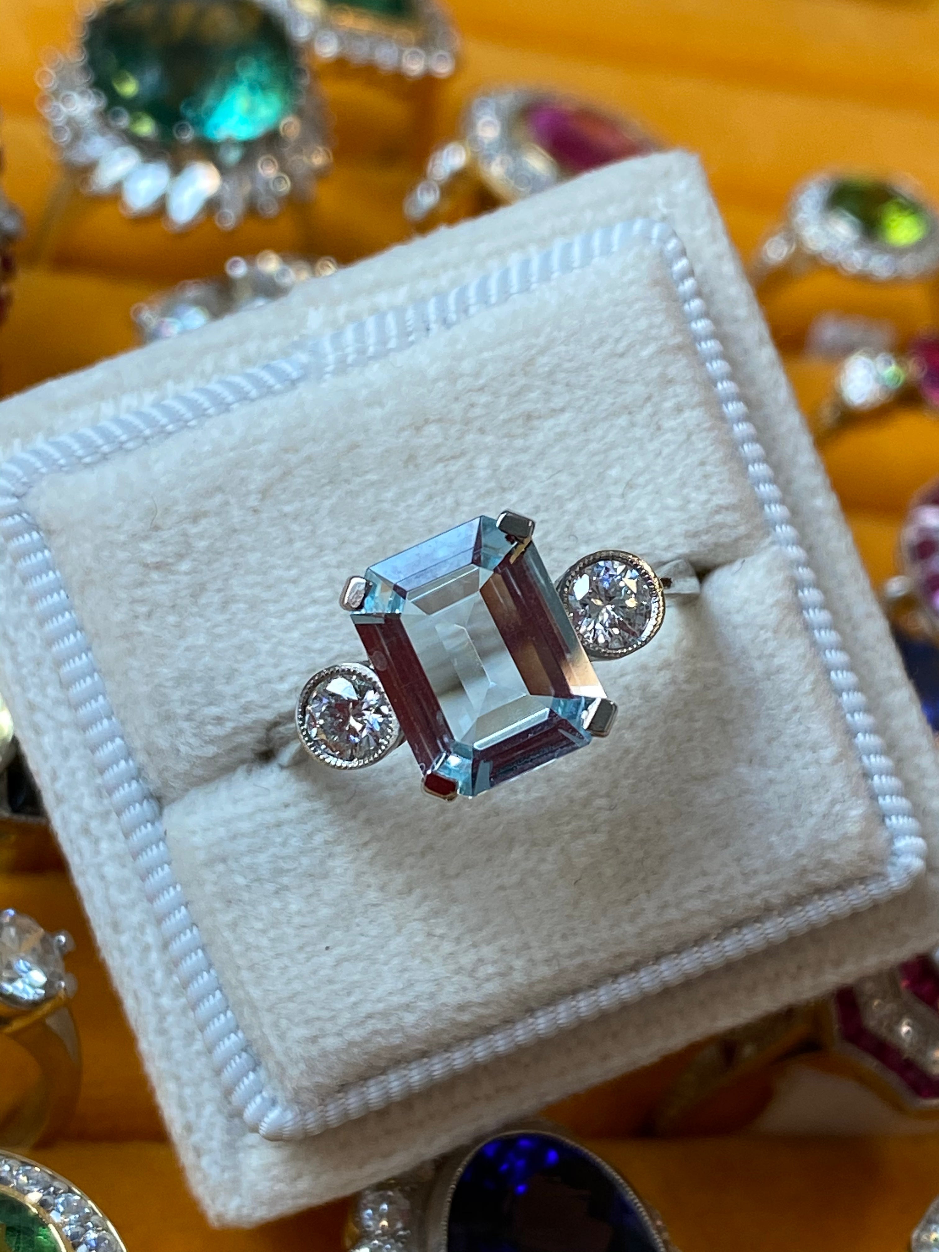 2.75 Carat Emerald Cut Aquamarine and Diamond Three Stone Engagement Ring in Platinum 