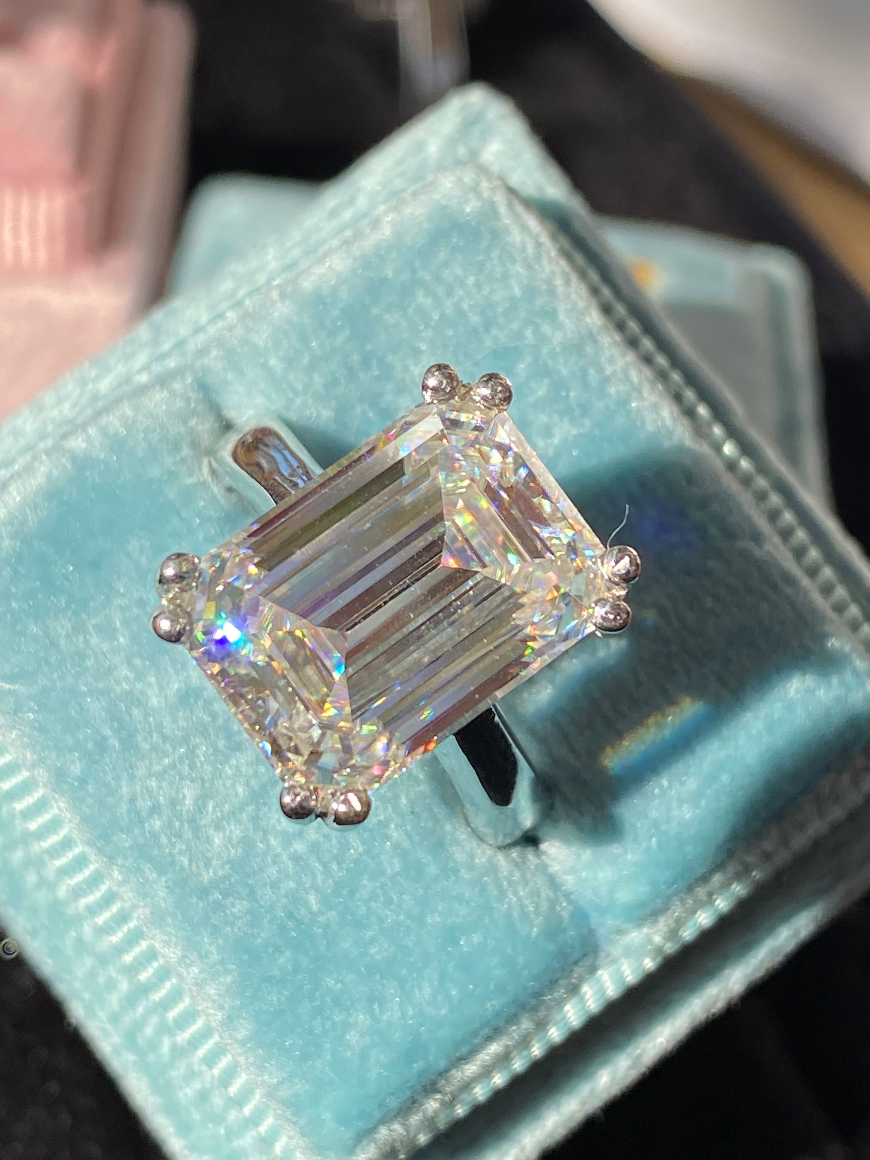 8.65 Carat Emerald Cut Moissanite Engagement Ring Katherine James Jewellery 