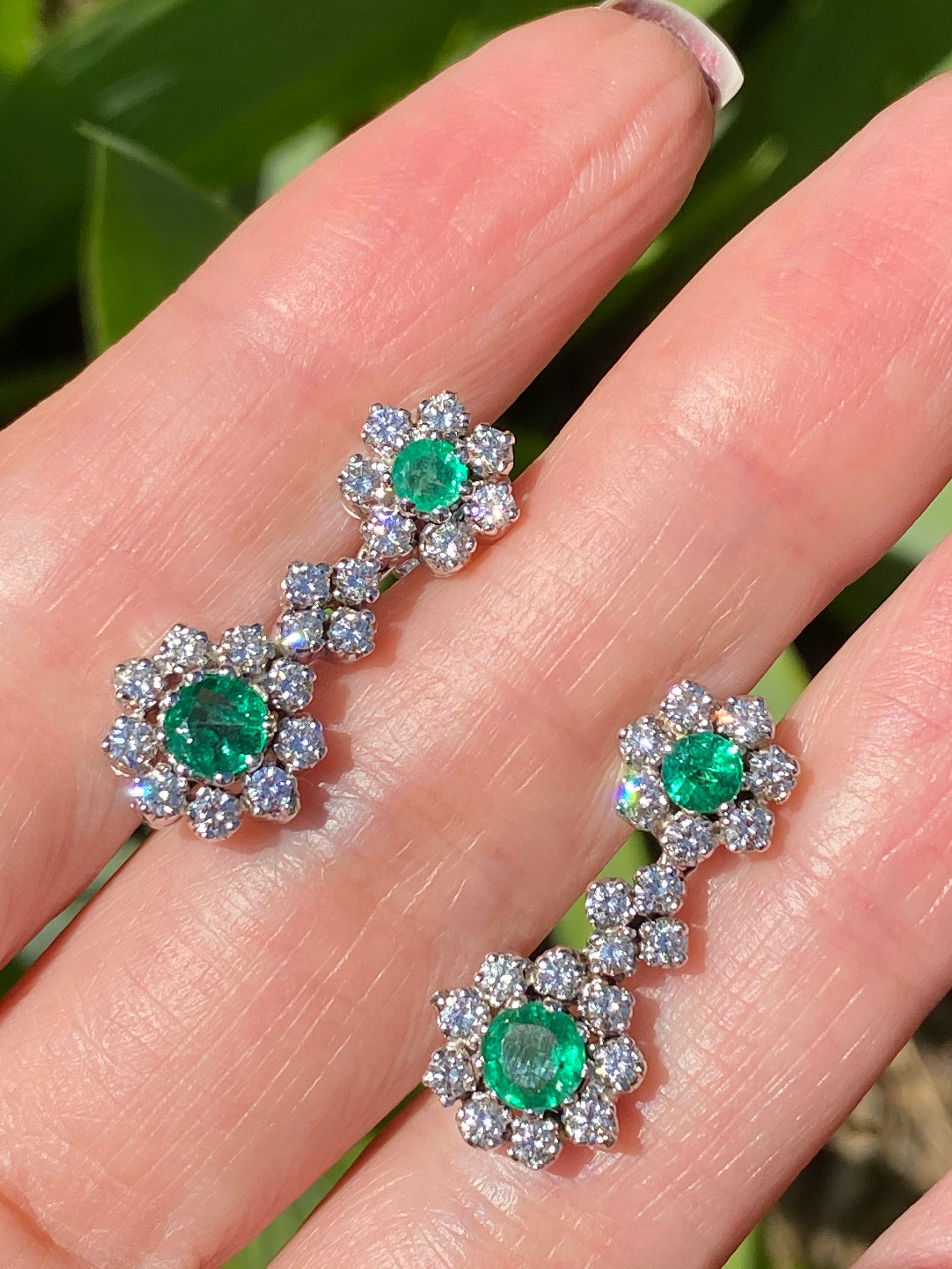 1.75 CTW Emerald and Diamond Drop Earrings in Platinum