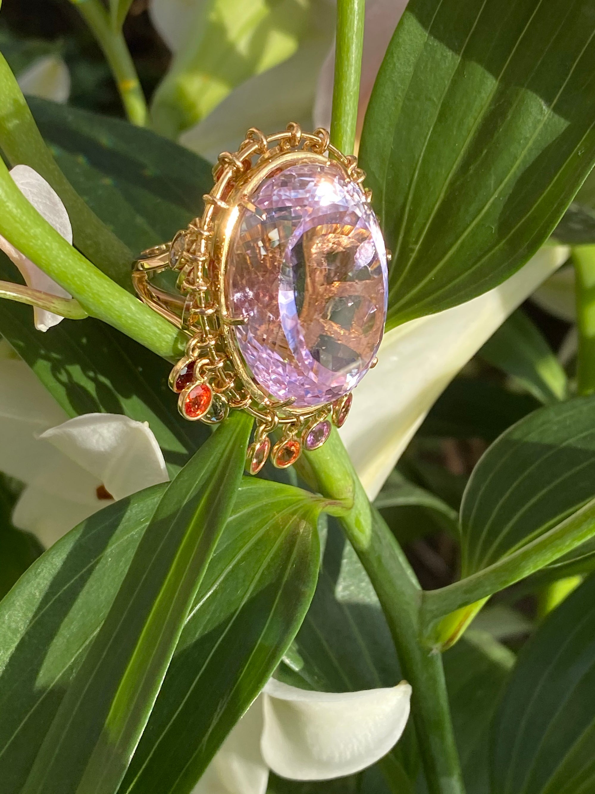 75 Carat Kunzite and Sapphire Cocktail Ring in 18K Yellow Gold 