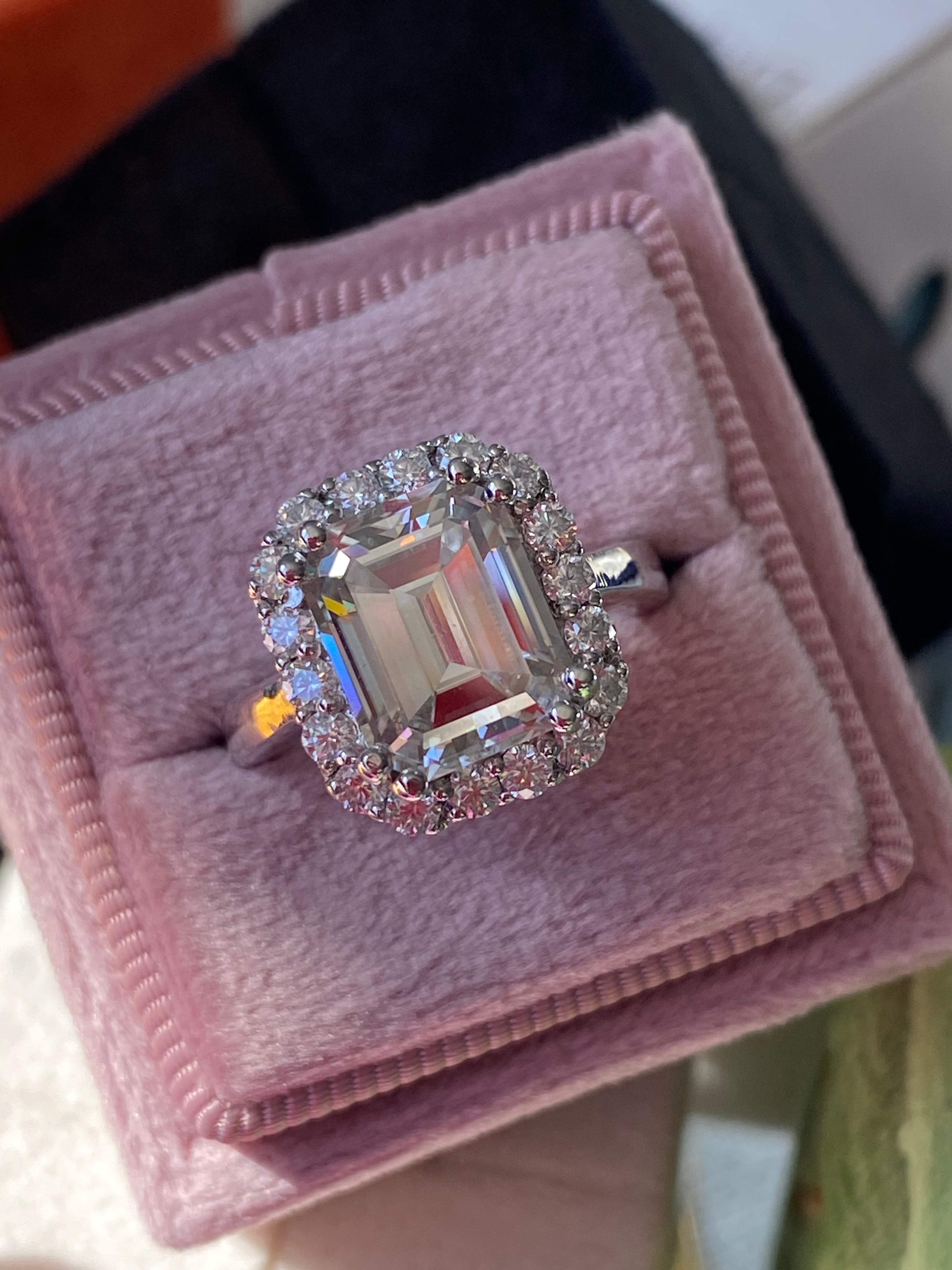 4 Carat Emerald Cut Moissanite Halo Engagement Ring Katherine James Jewellery 