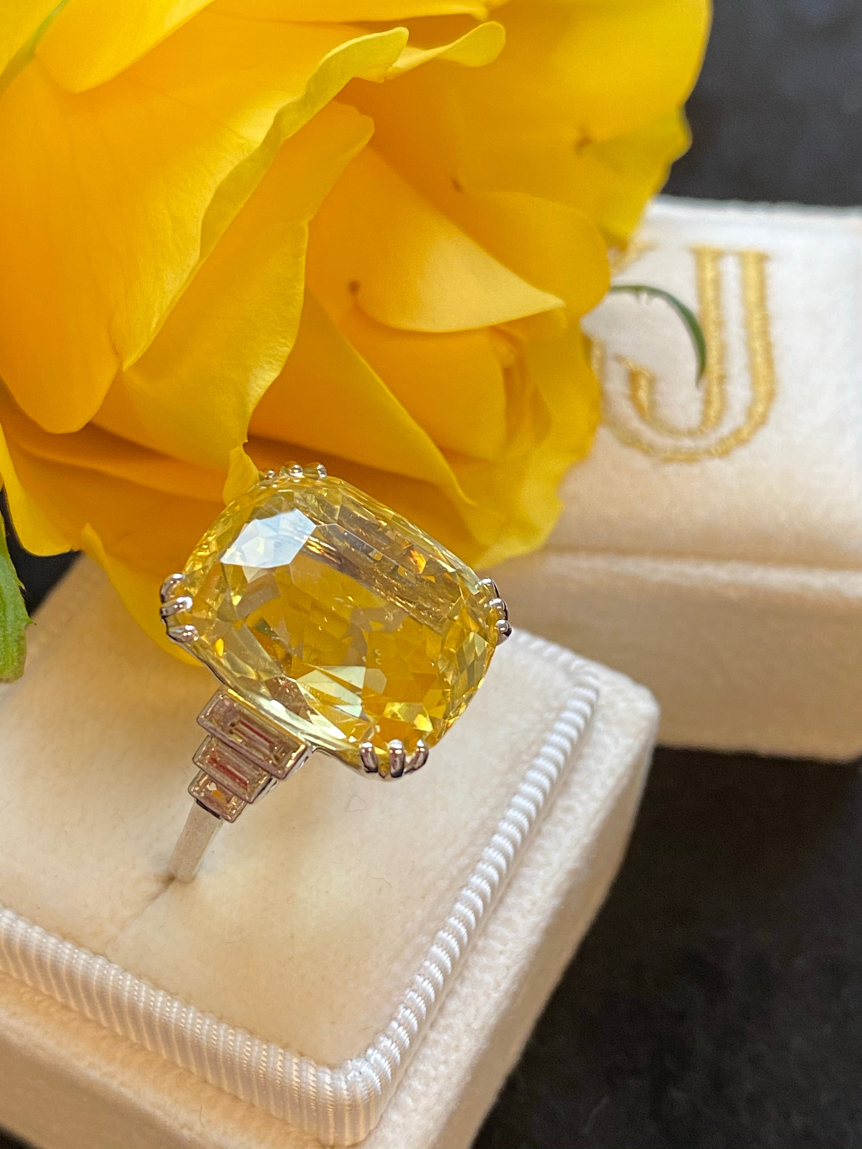 19.60 Carat Certified Unheated Yellow Sapphire and Diamond Art Deco Ring
