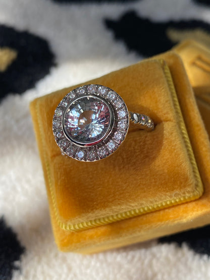 4.62 CTW No Heat White Sapphire and Diamond Halo Engagement Ring in 18ct White Gold