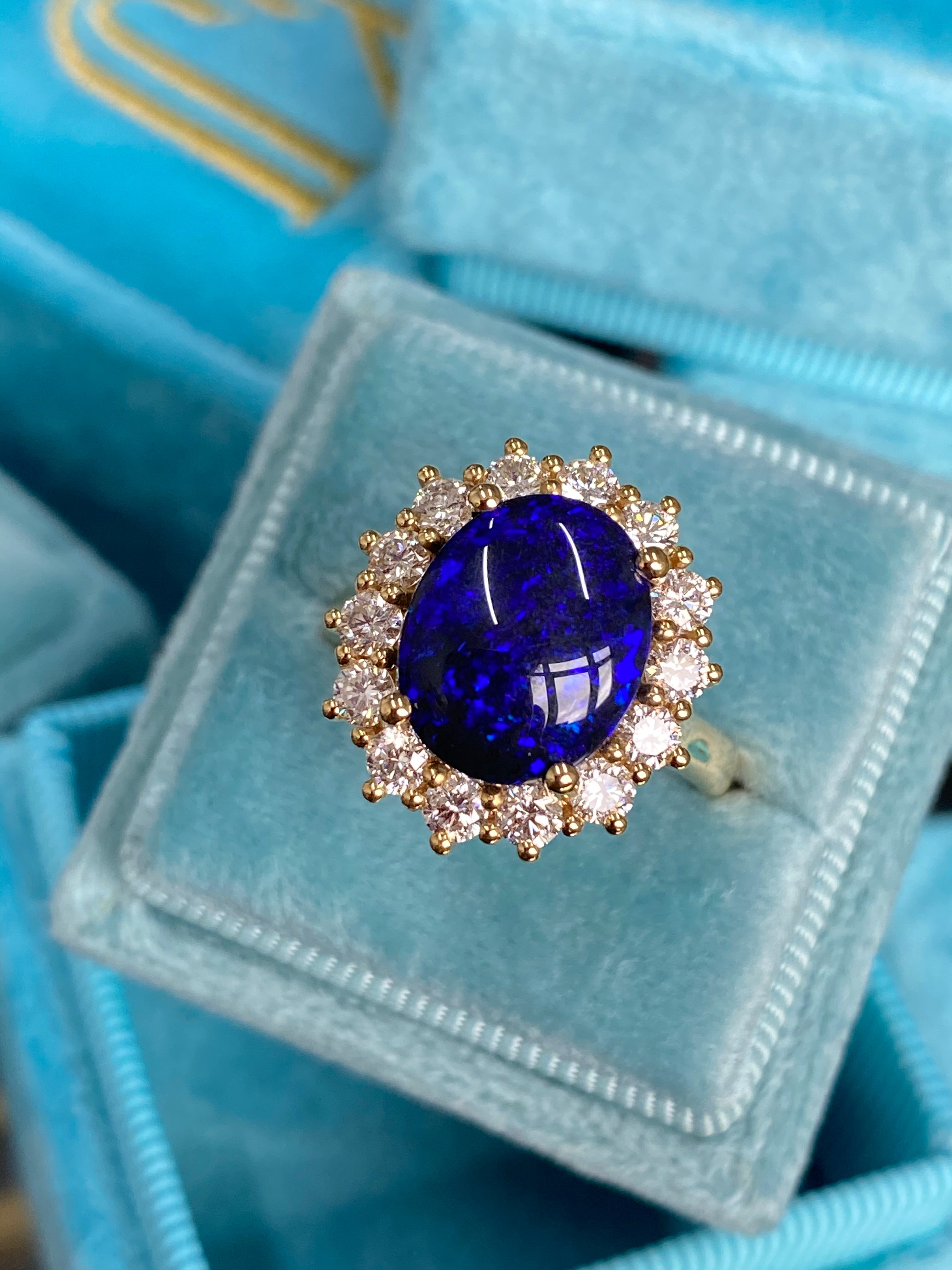 3.57 Carat Vintage Black Opal and Diamond Halo Ring in 18ct Yellow Gold