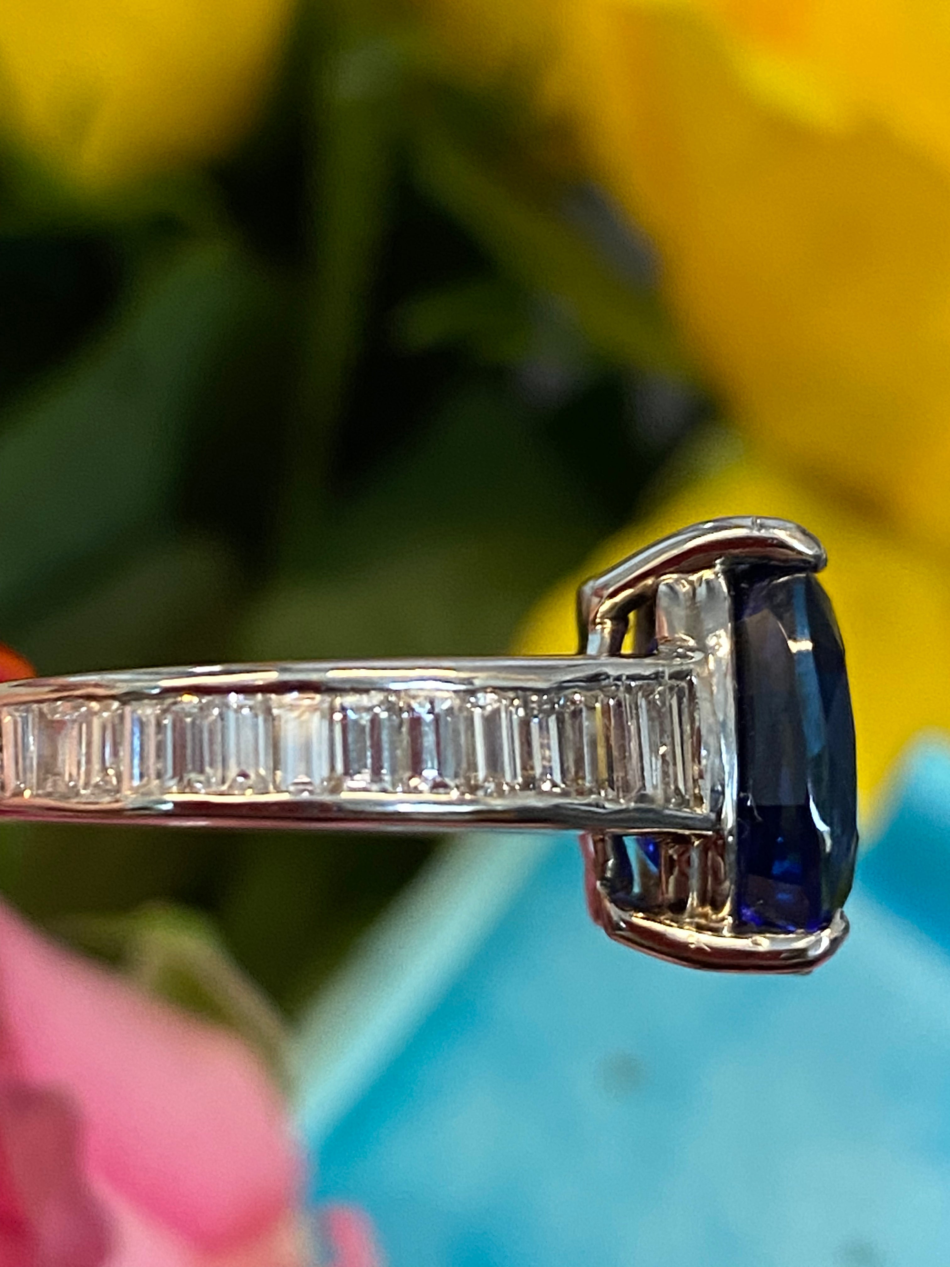 Oval Cut Blue Ceylon Sapphire Unheated and Diamond Art Deco Style Engagement Ring in Platinum 
