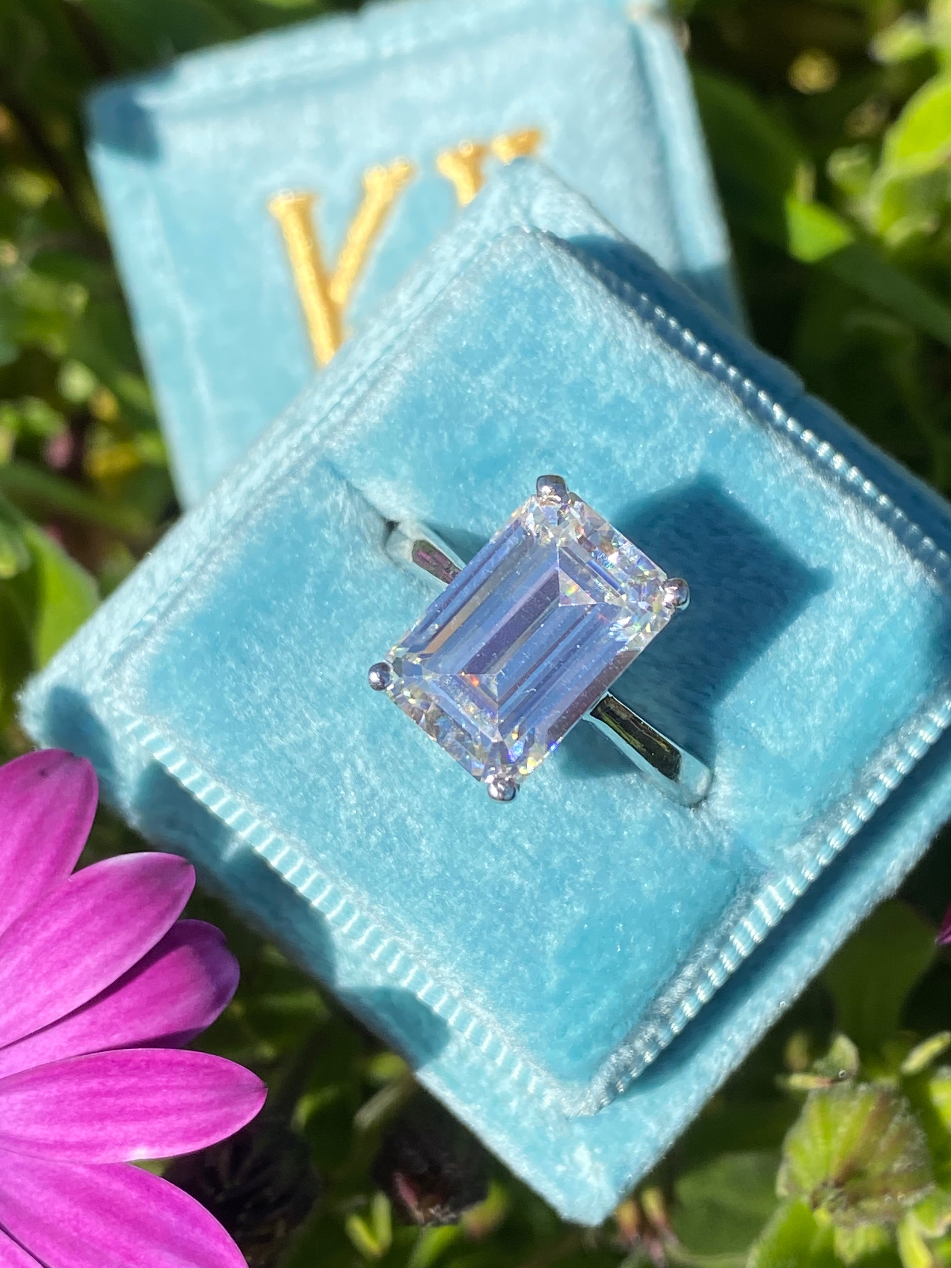5 Carat Emerald Cut Moissanite Engagement Ring in Sterling Silver Katherine James Jewellery 