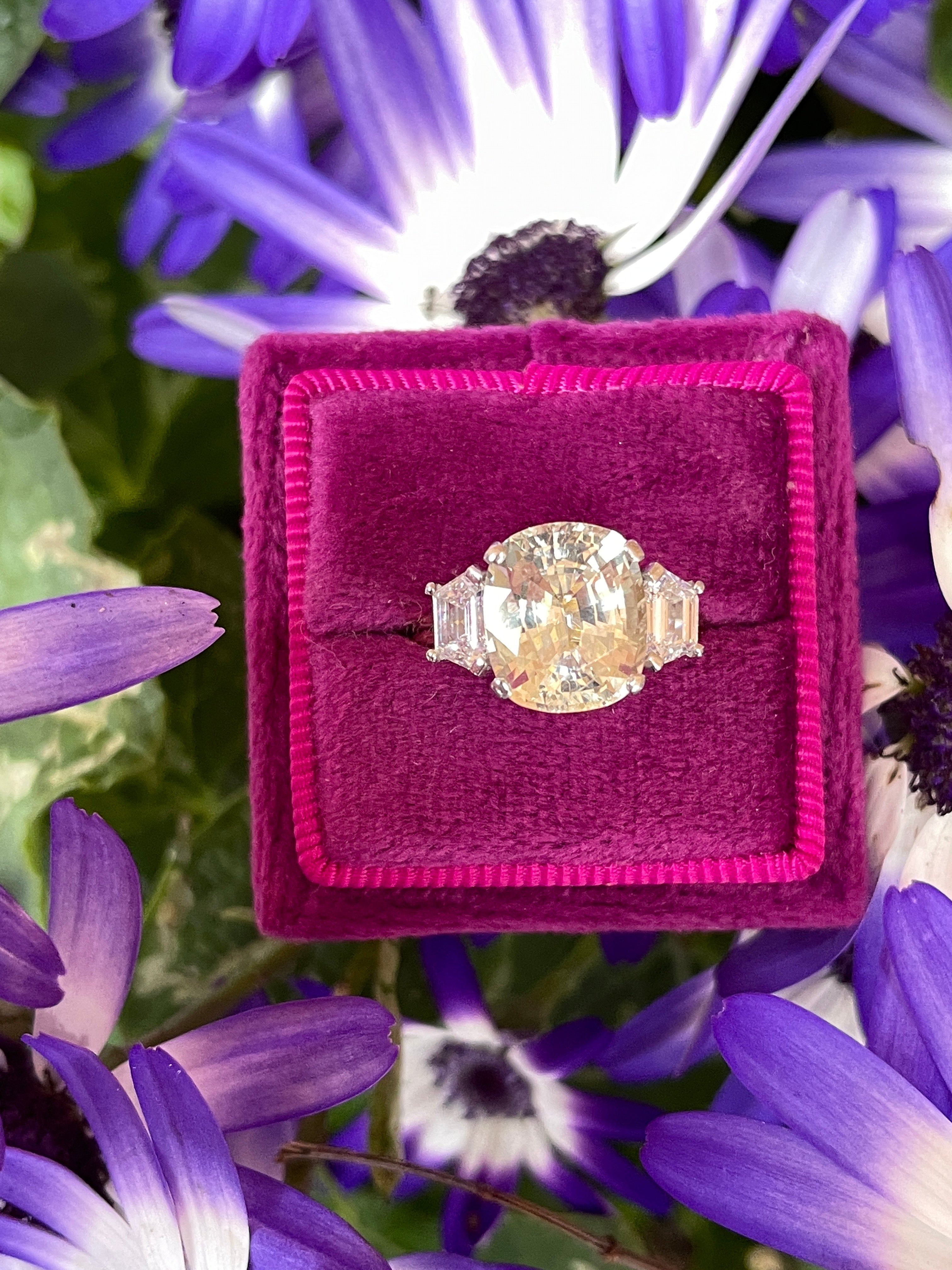 4.21 Carat Yellow Sapphire and Diamond Three Stone Ring in 18ct Yellow Gold