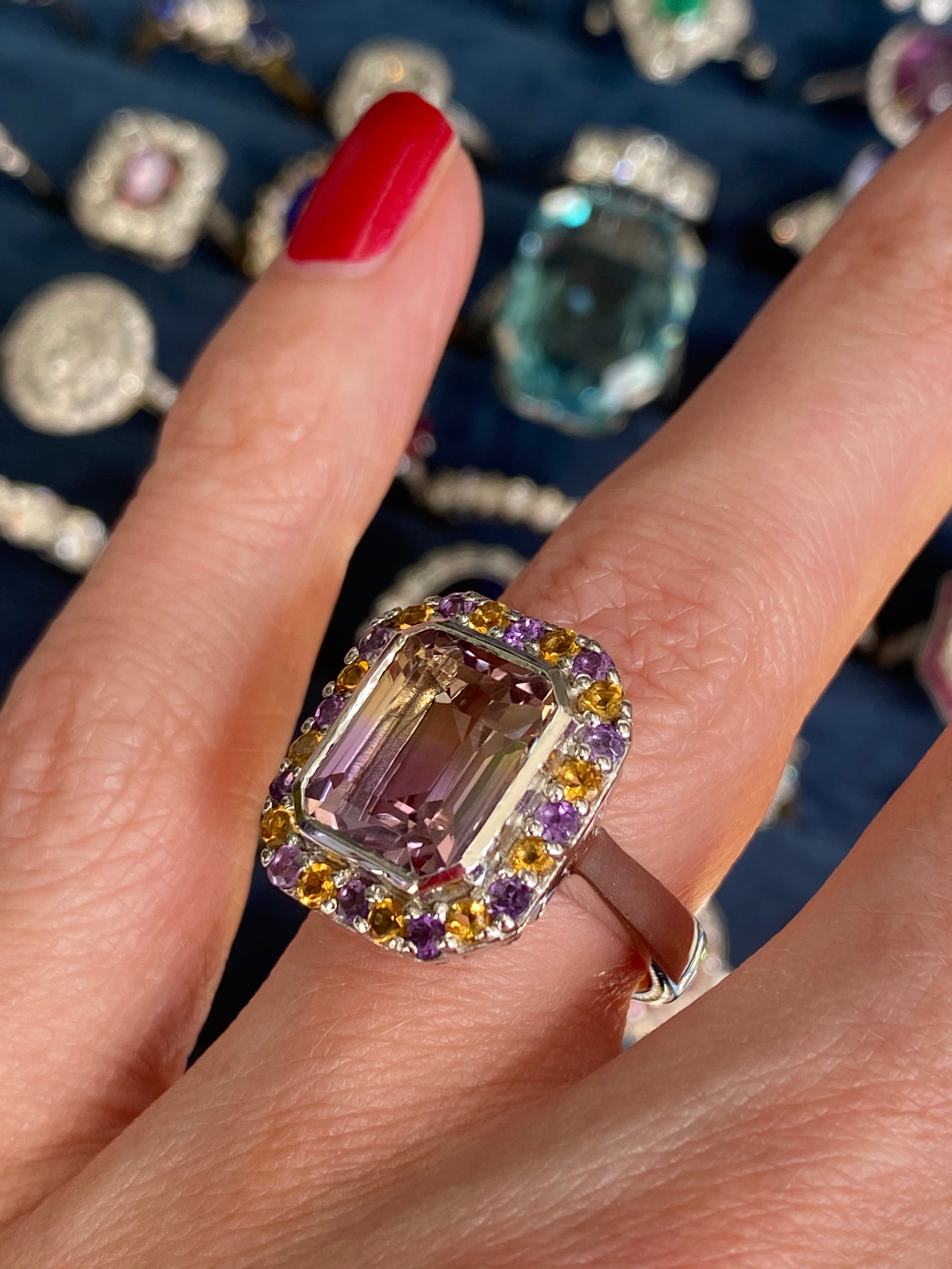 Ametrine, Amethyst and Citrine Halo Cocktail Ring in Sterling Silver