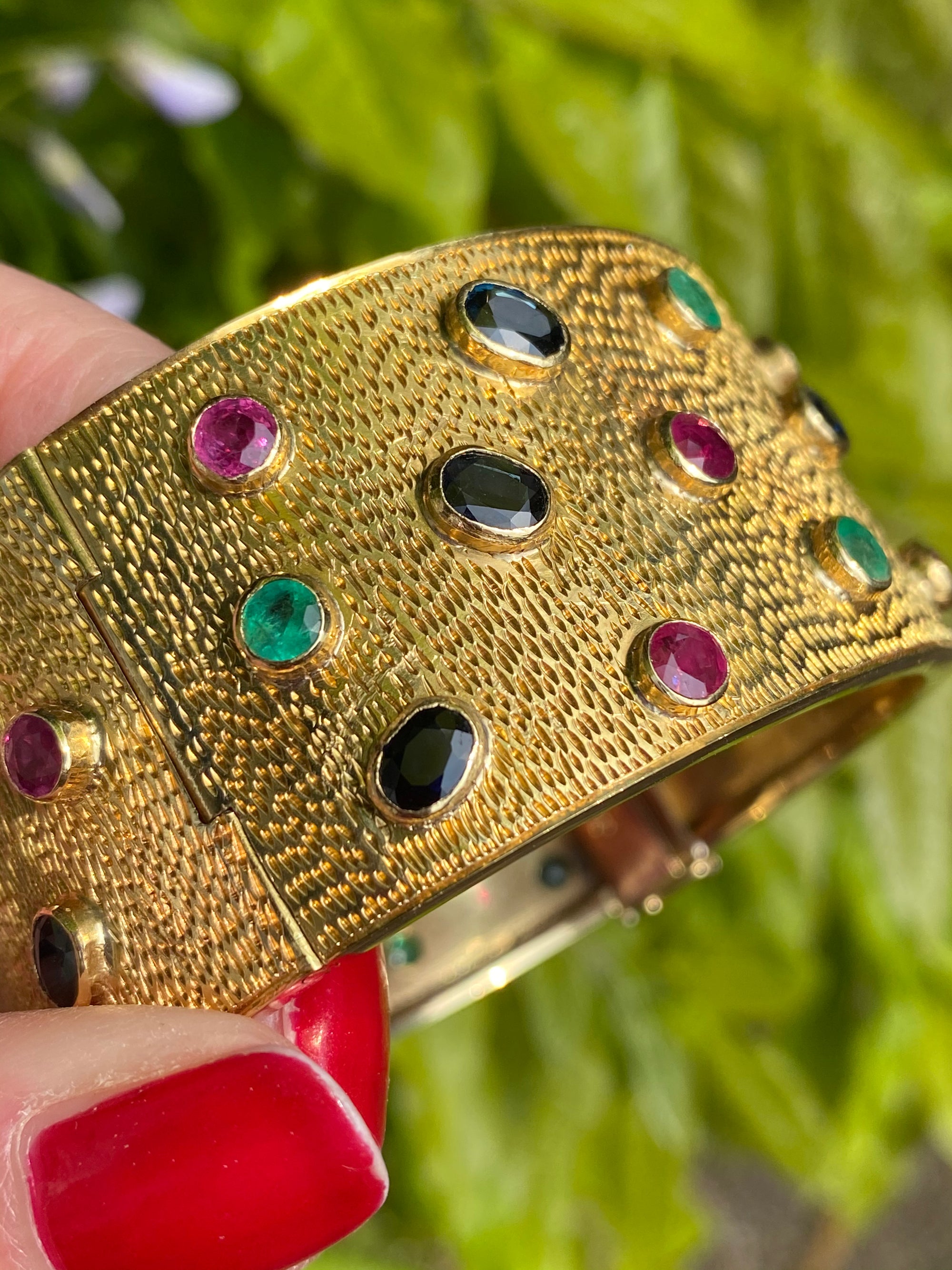 Vintage Ruby, Blue Sapphire and Emerald Cuff Bracelet in 18ct Yellow Gold