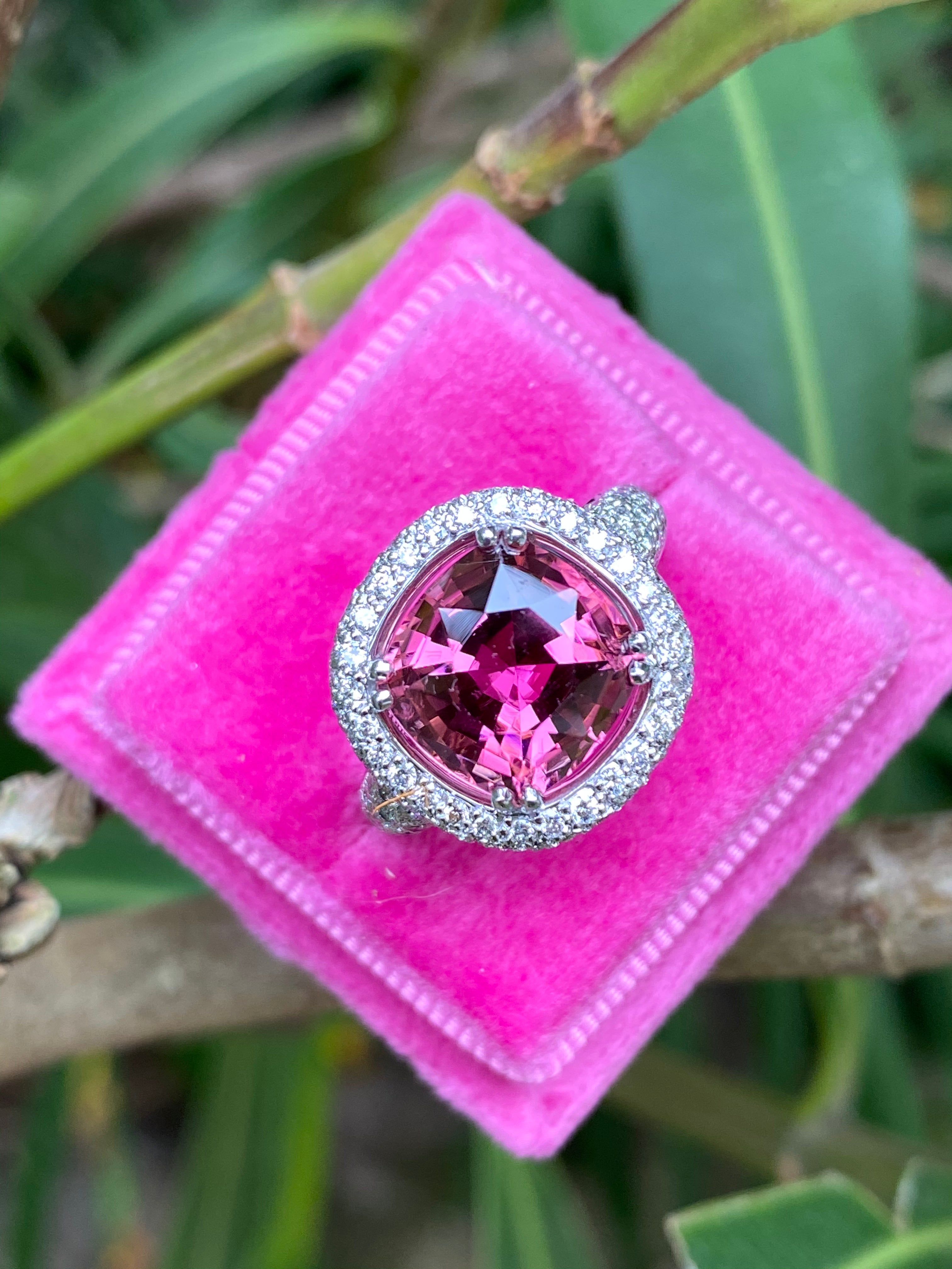 7.50 CTW Cushion Cut Pink Tourmaline and Diamond Halo Ring in 18ct White Gold