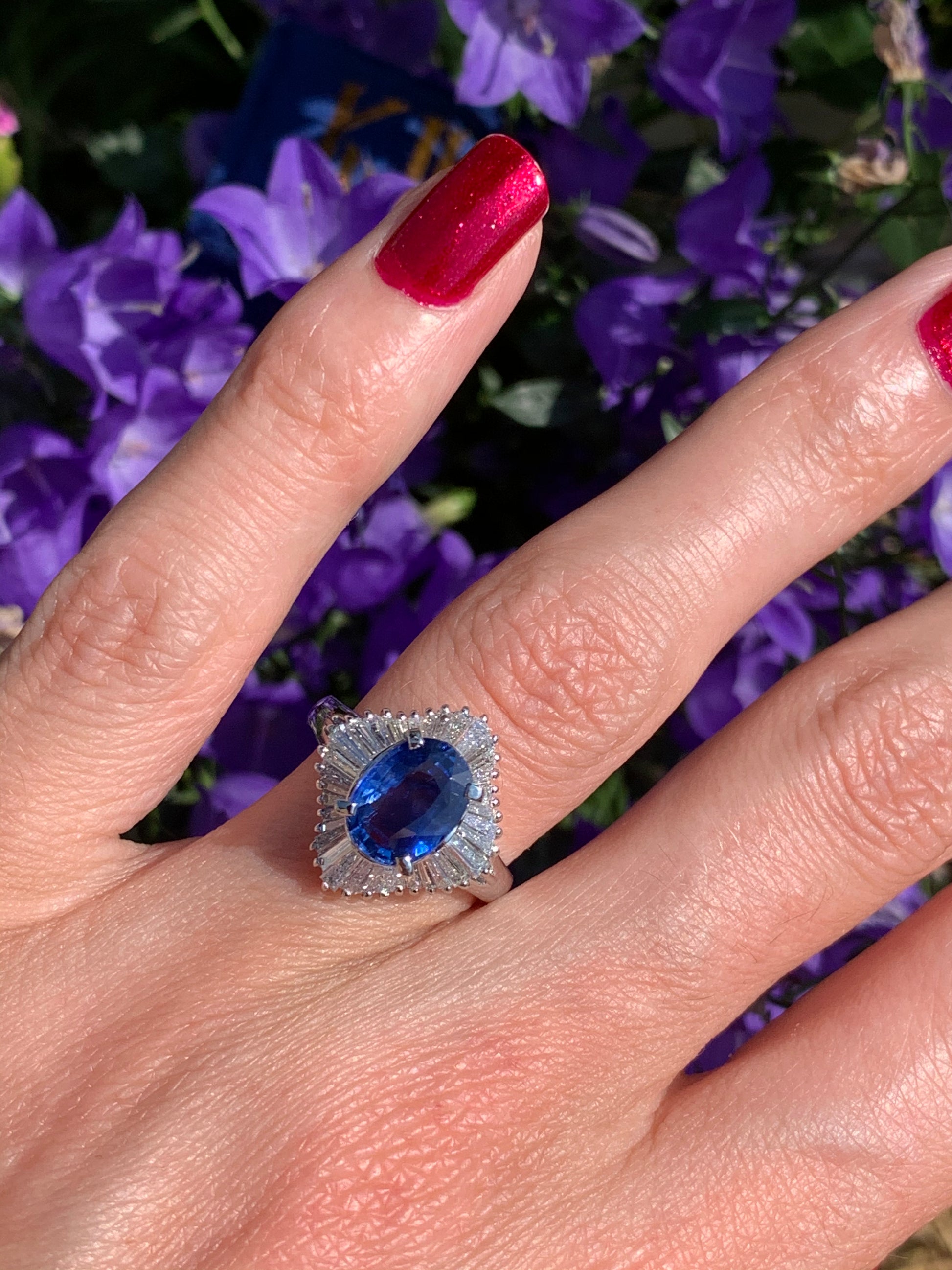 Oval Cut Blue Ceylon Sapphire and Diamond Engagement Ring in Platinum 