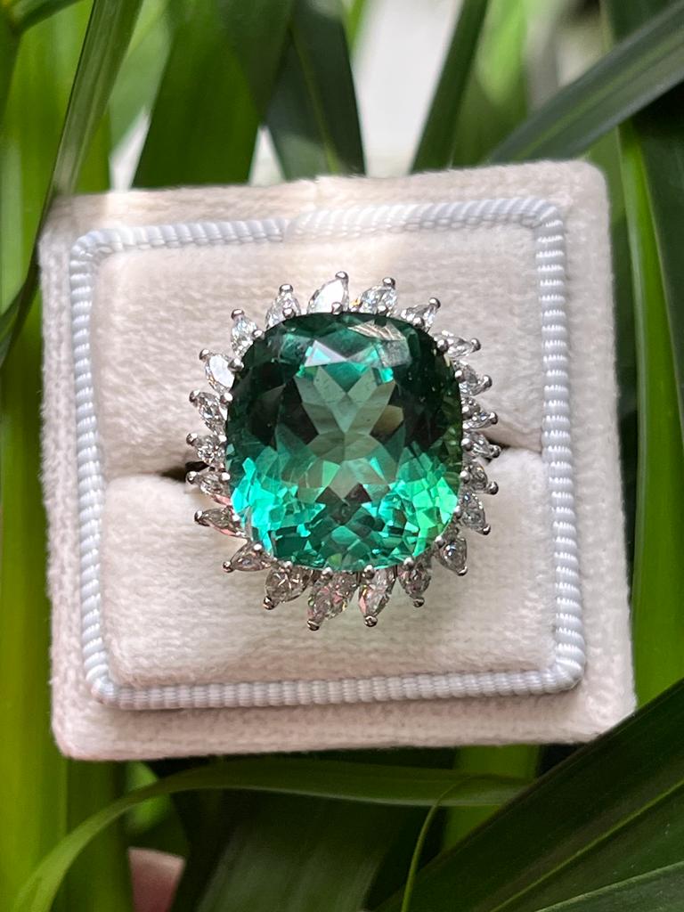 15.98 CTW Cushion Cut Green Tourmaline and Diamond Halo Ring in 18ct White Gold