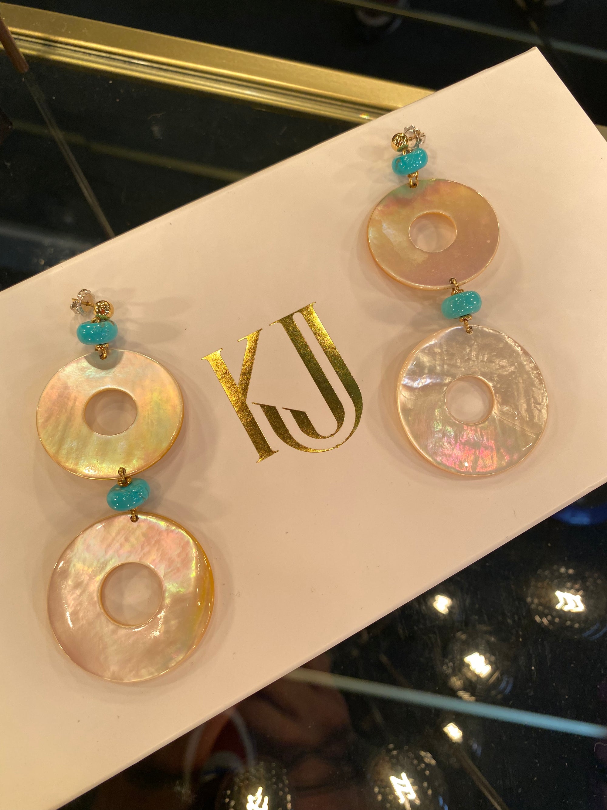 Huge Statement Turquoise and Mother of Pearl Drop Earrings in 18ct Yellow Gold