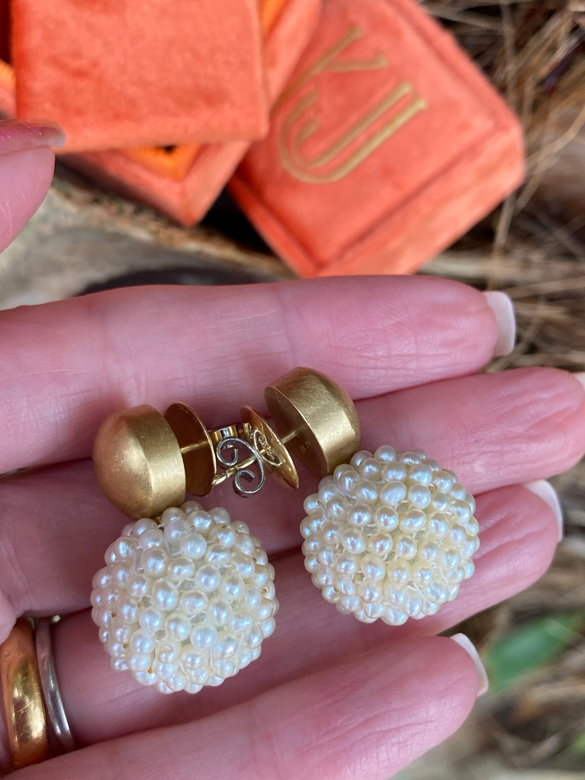 Vintage Seed Pearl and Yellow Gold Ball Drop Earrings