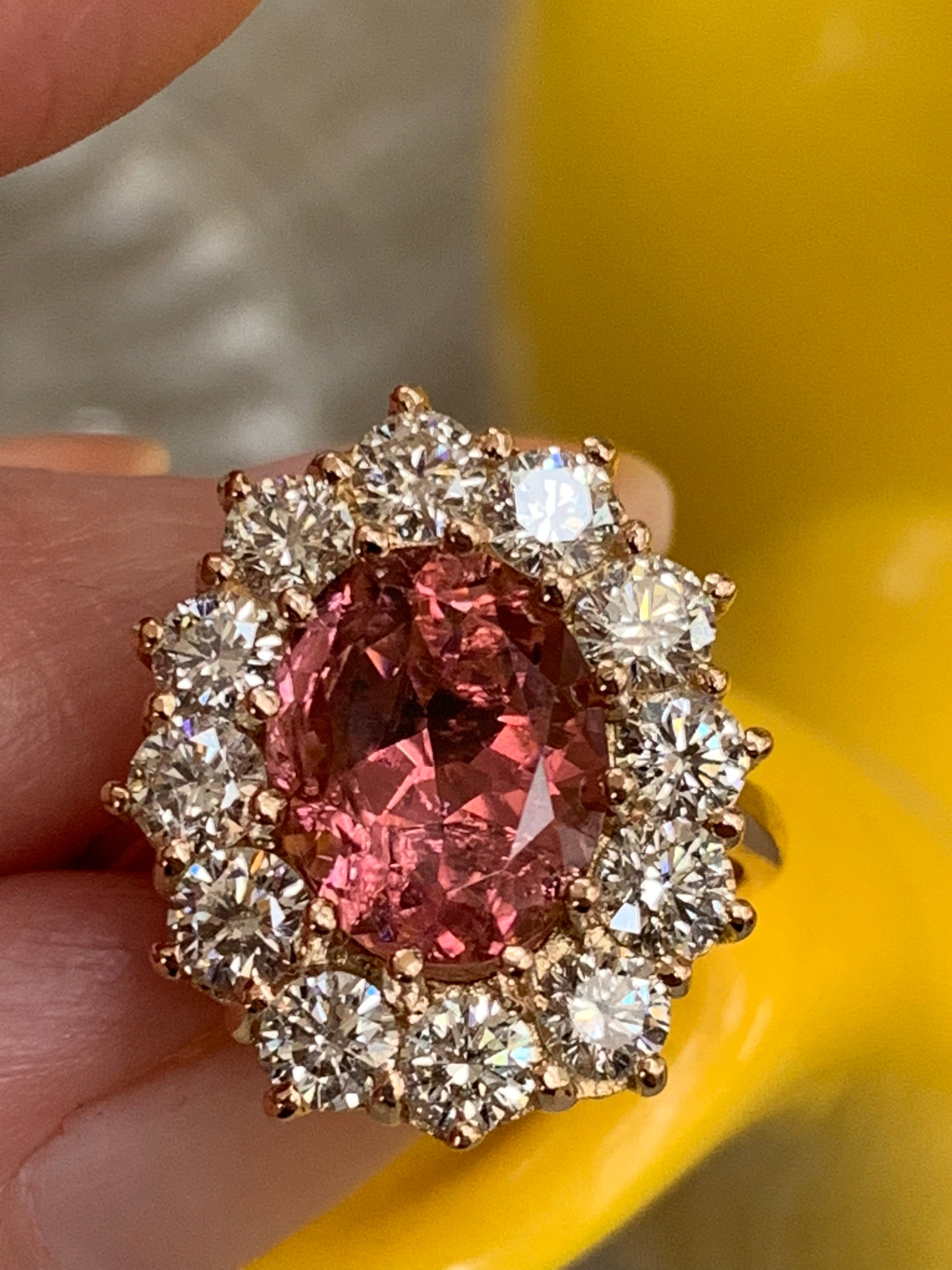 5.05 Carat Oval-Cut Pink Tourmaline and Diamond Halo Ring in 18K Rose Gold