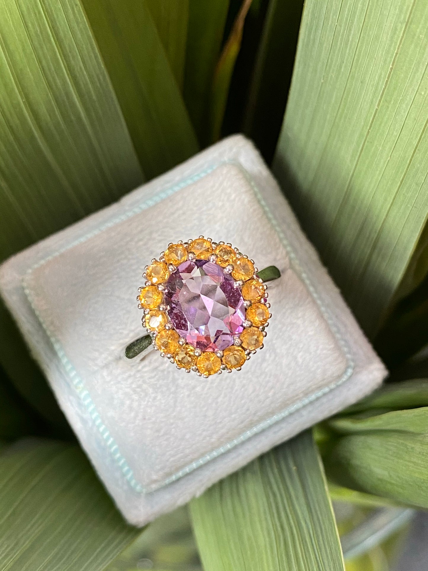 Oval-Cut Citrine and Amethyst Halo Cocktail Ring in Sterling Silver