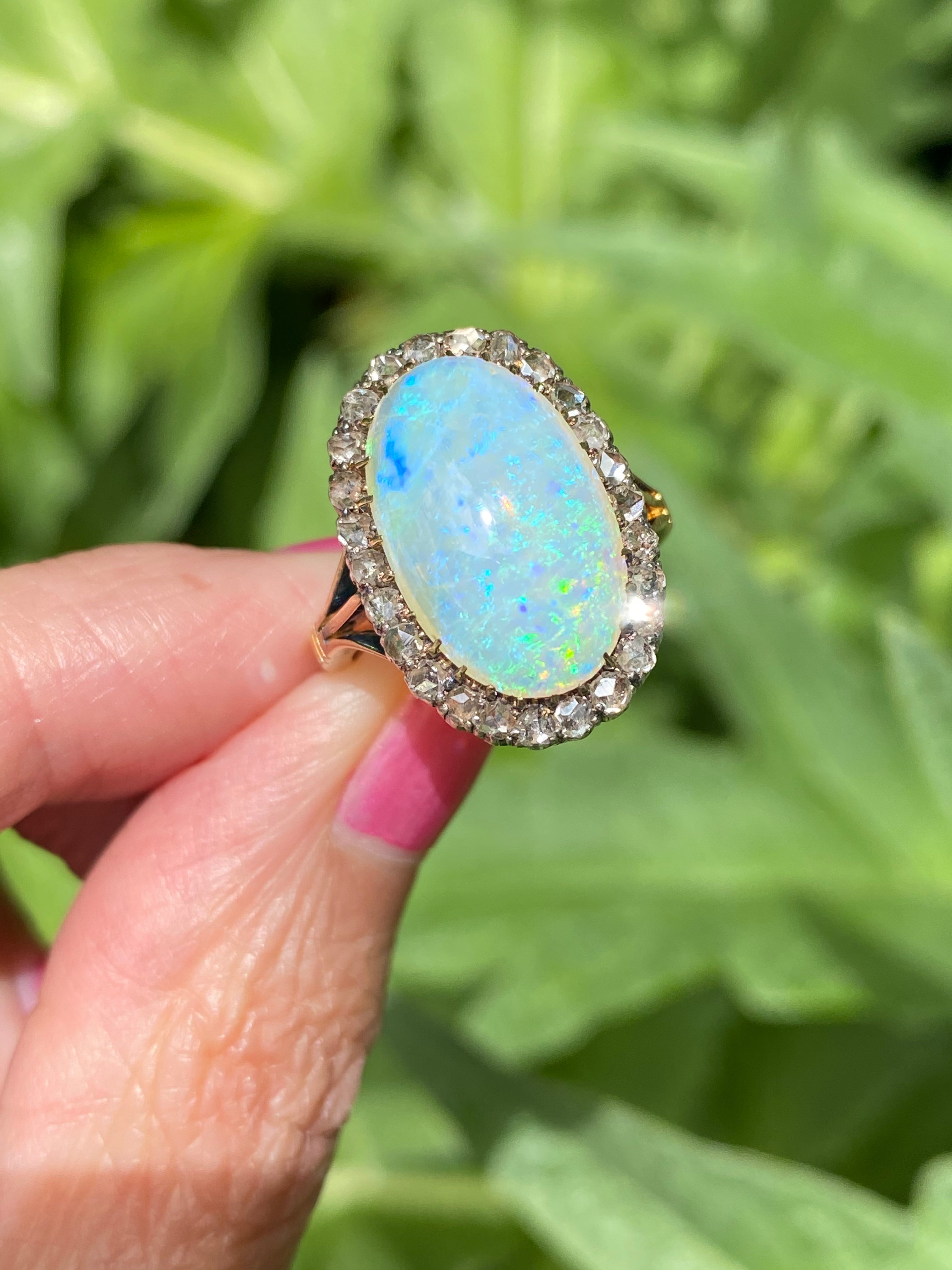 Antique Victorian White Opal and Old Euro Cut Diamond halo cocktail ring in Gold 