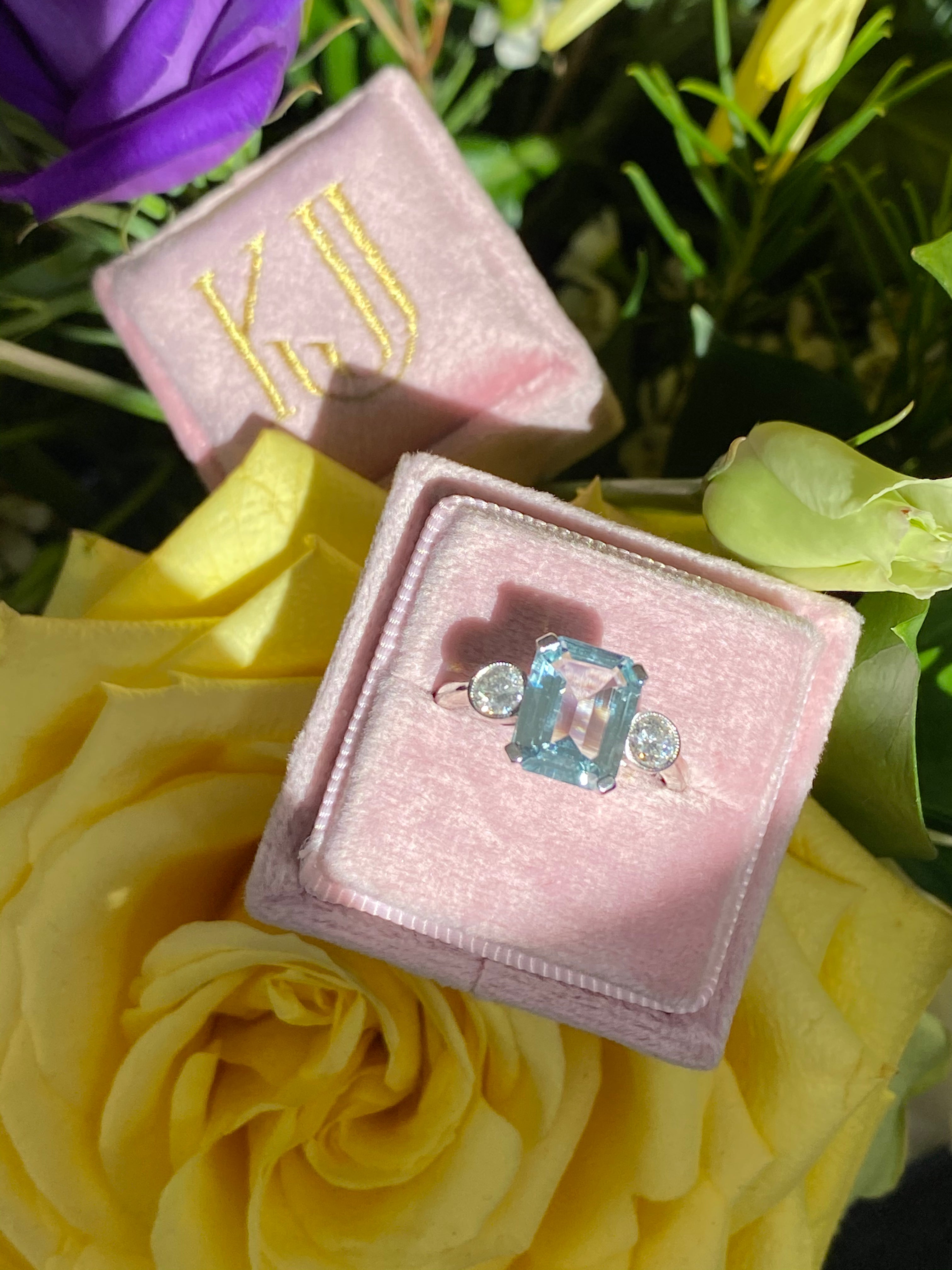 2.75 Carat Emerald Cut Aquamarine and Diamond Three Stone in Platinum