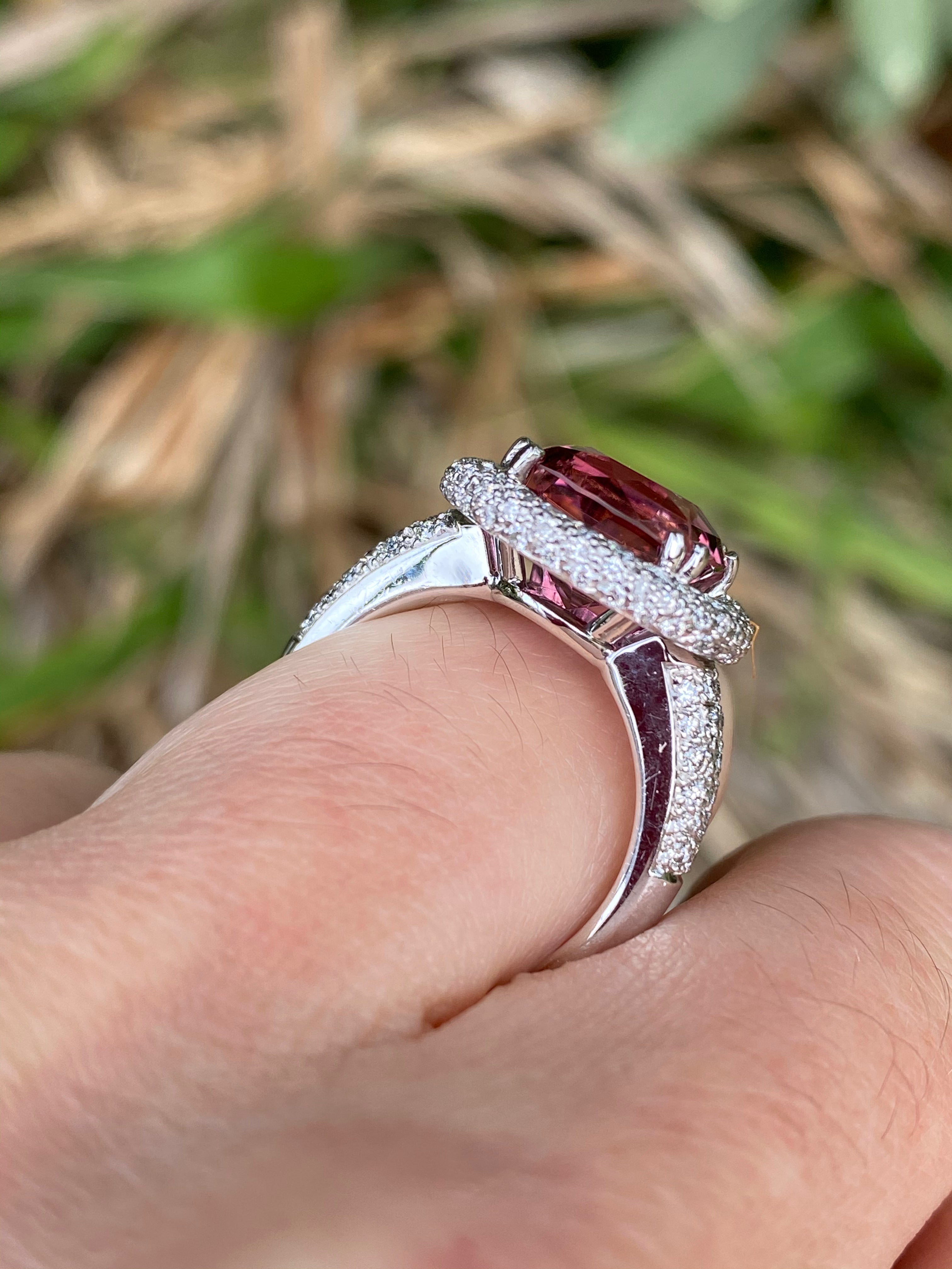 Cushion Cut Pink Tourmaline and Diamond Halo Ring in White Gold 