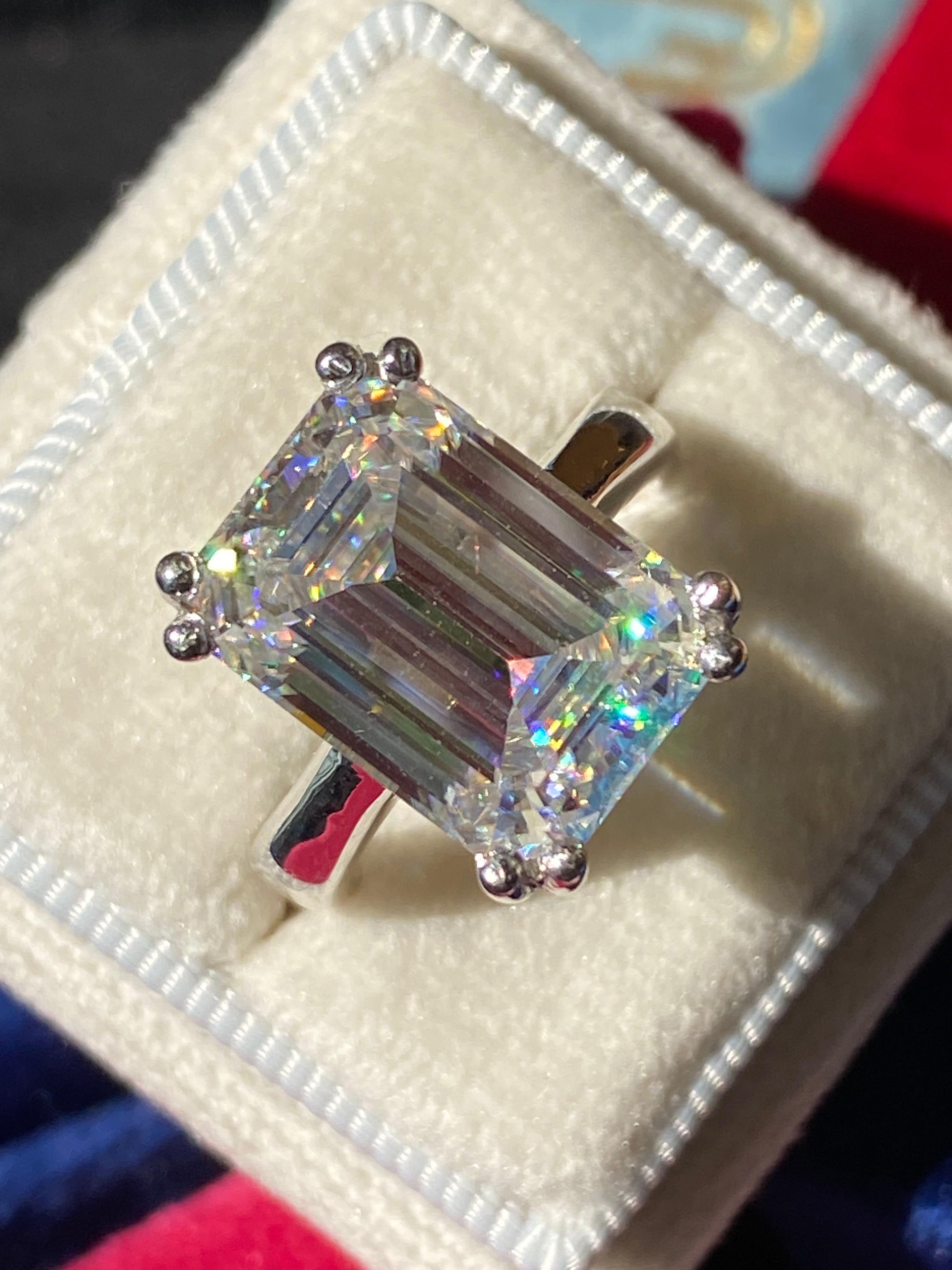 8.65 Carat Emerald Cut Moissanite Solitaire Engagement Ring in Sterling Silver