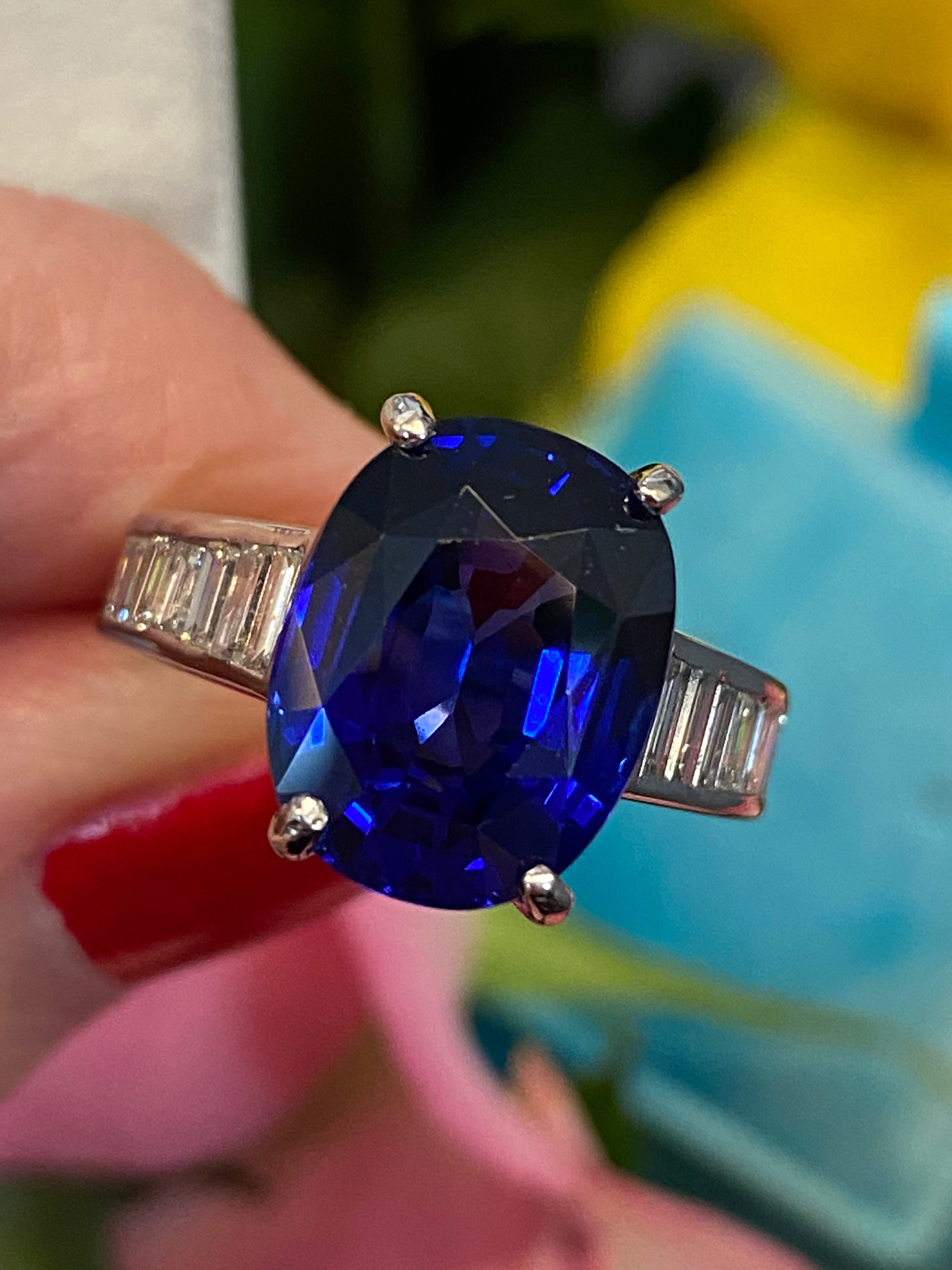 Oval Cut Blue Ceylon Sapphire Unheated and Diamond Art Deco Style Engagement Ring in Platinum 