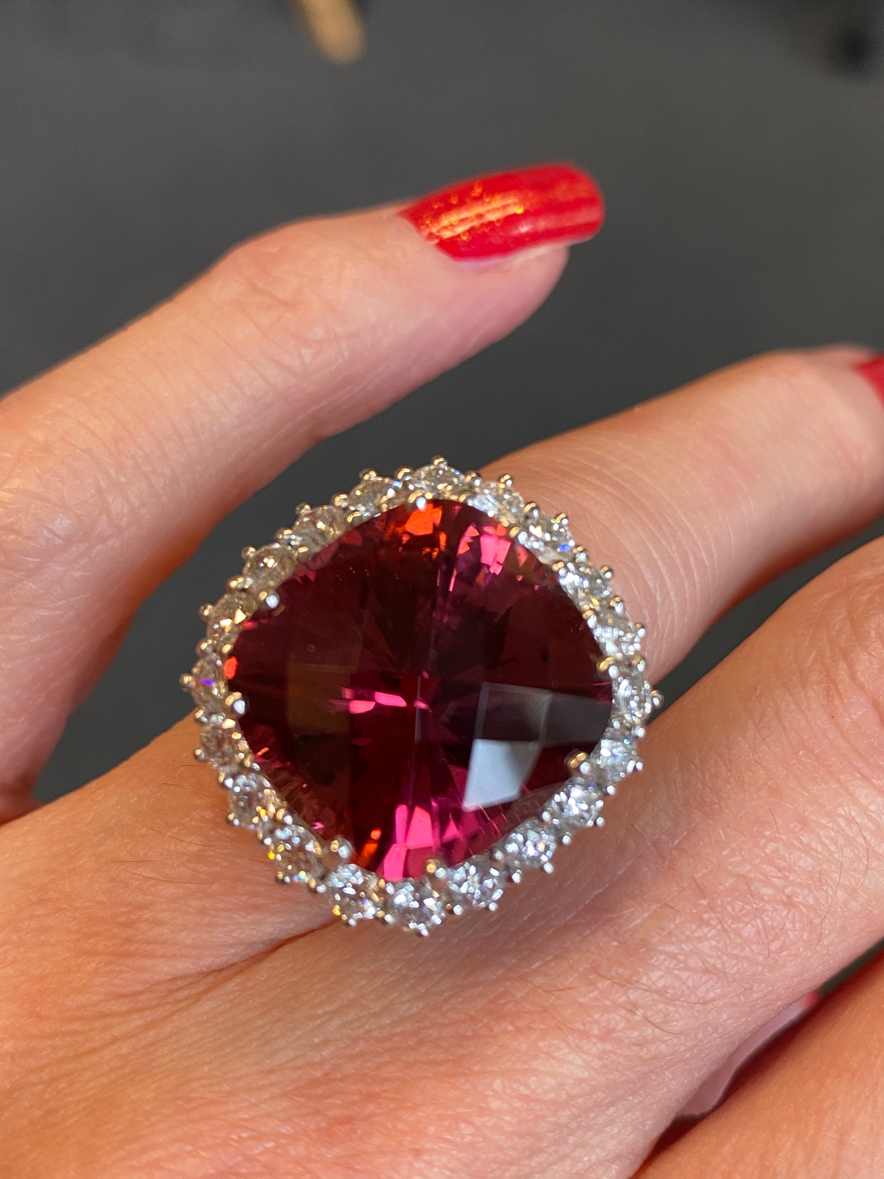 Huge 17 Carat Rubellite Pink Tourmaline and Diamond Cocktail Ring in White and Yellow Gold 