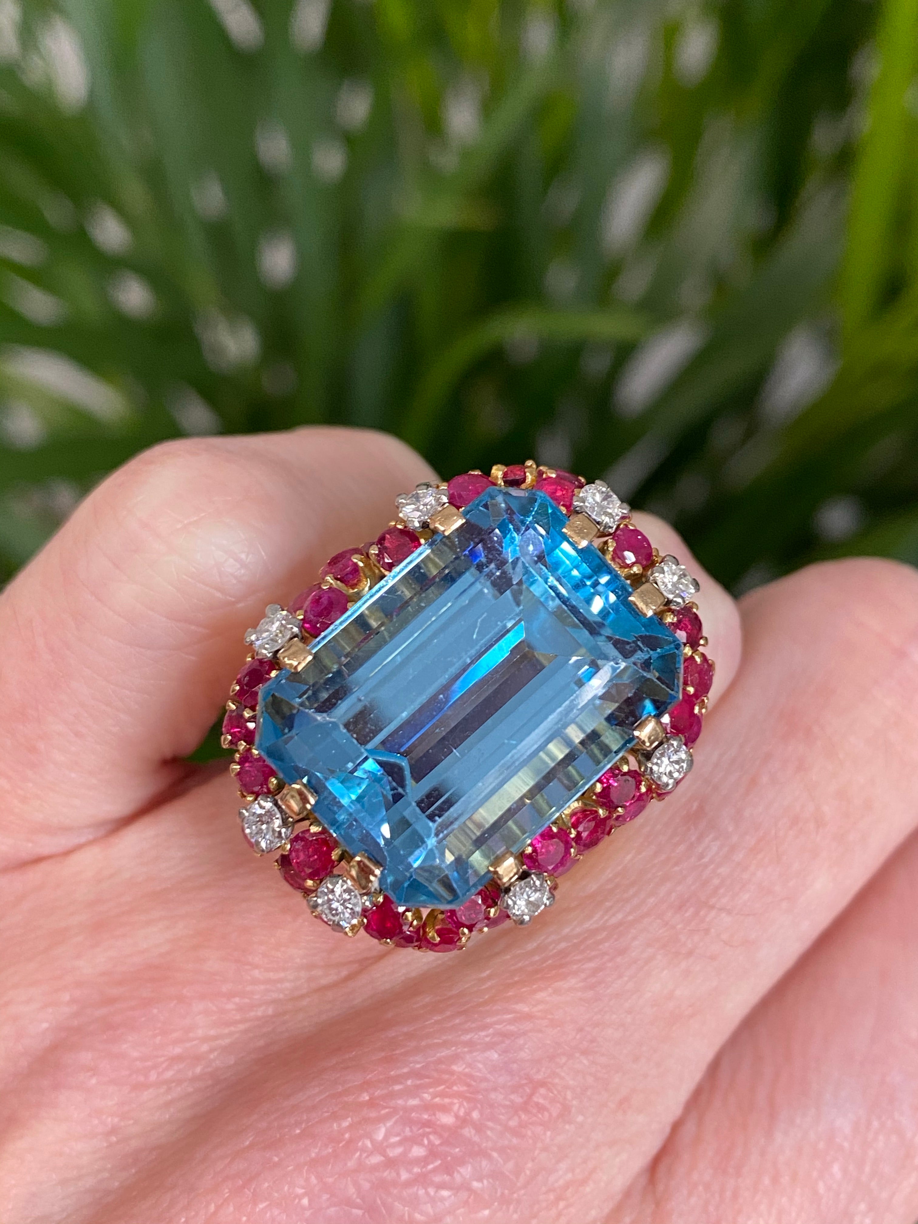35.00 CTW Mellerio Aquamarine, Ruby, and Diamond Vintage Cocktail Ring in 18ct Yellow Gold
