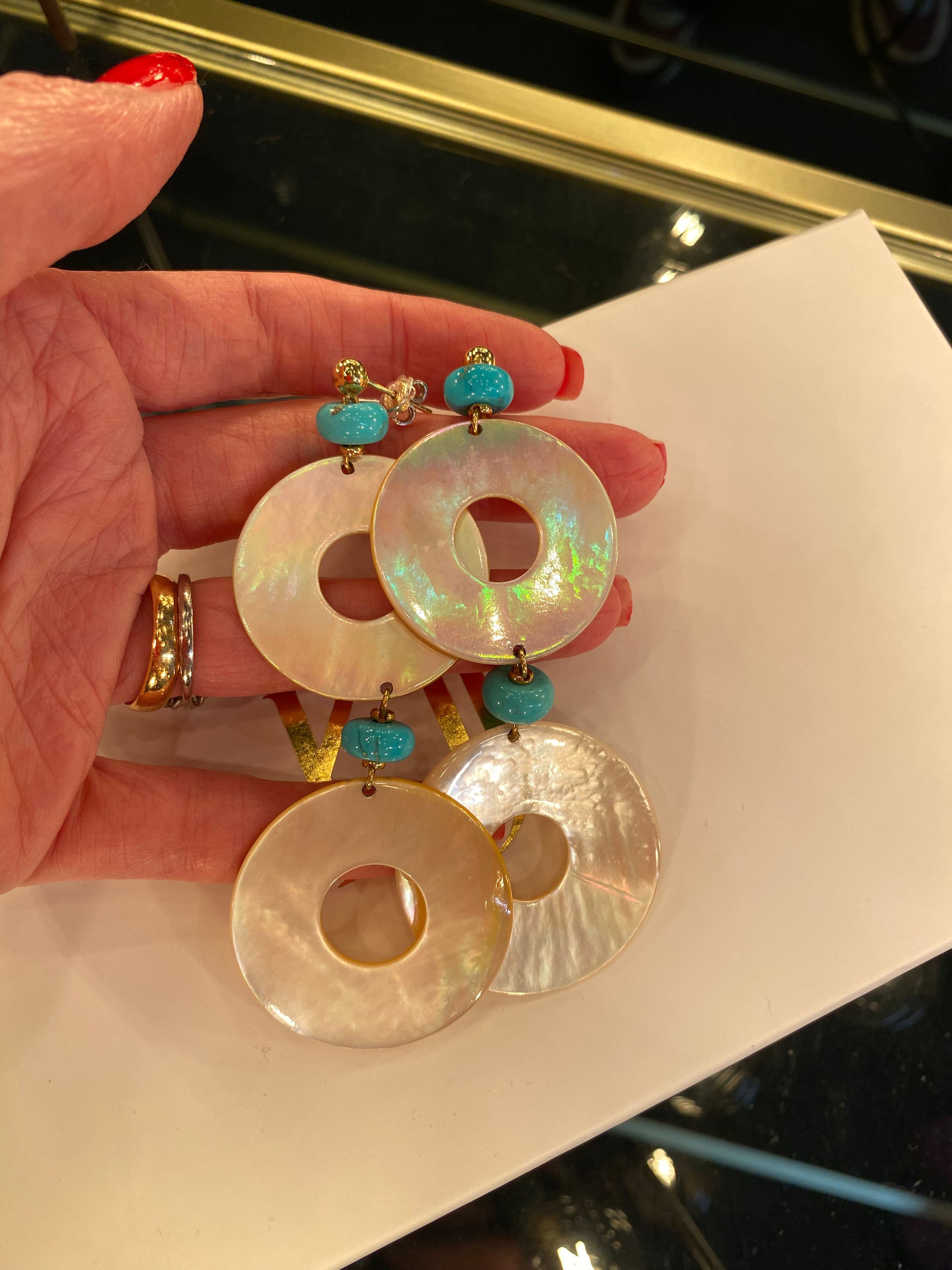 Huge Statement Turquoise and Mother of Pearl Drop Earrings in 18ct Yellow Gold