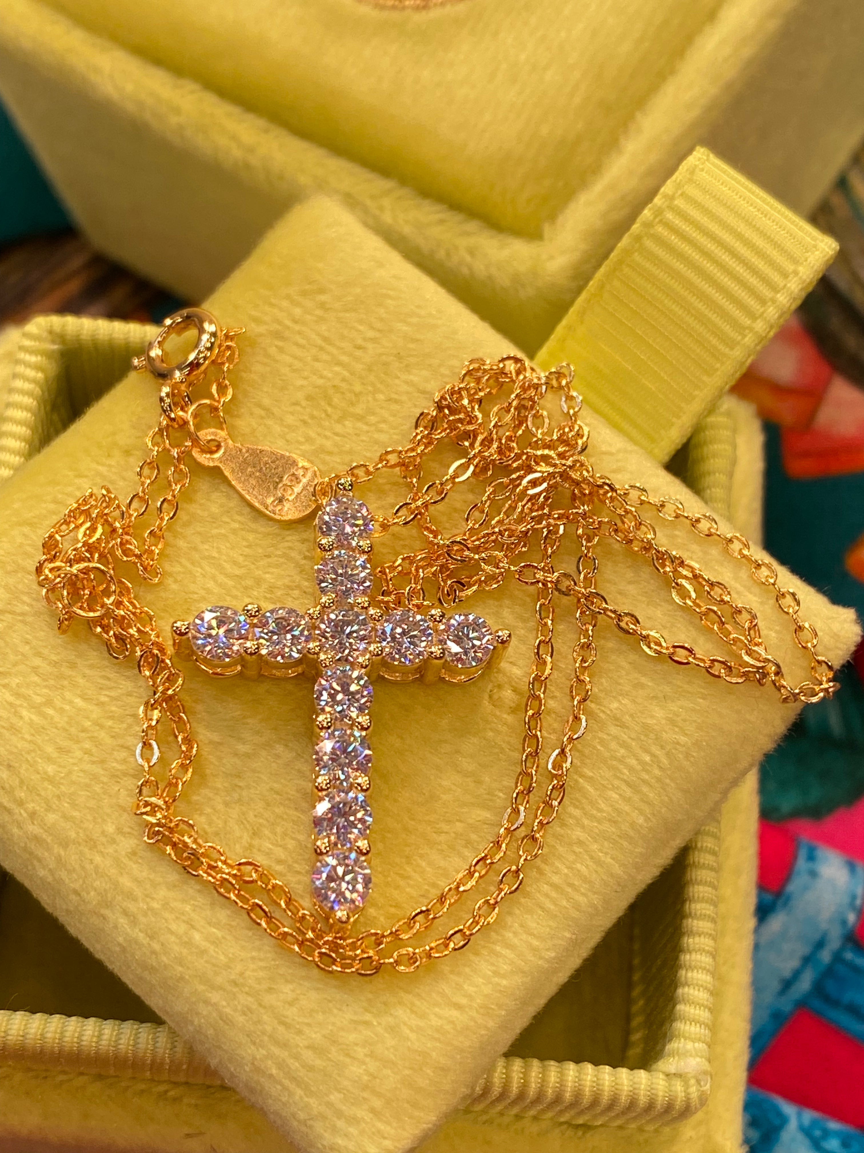1.10 CTW Moissanite Cross Pendant Necklace in Rose, Yellow or White Gold Vermeil