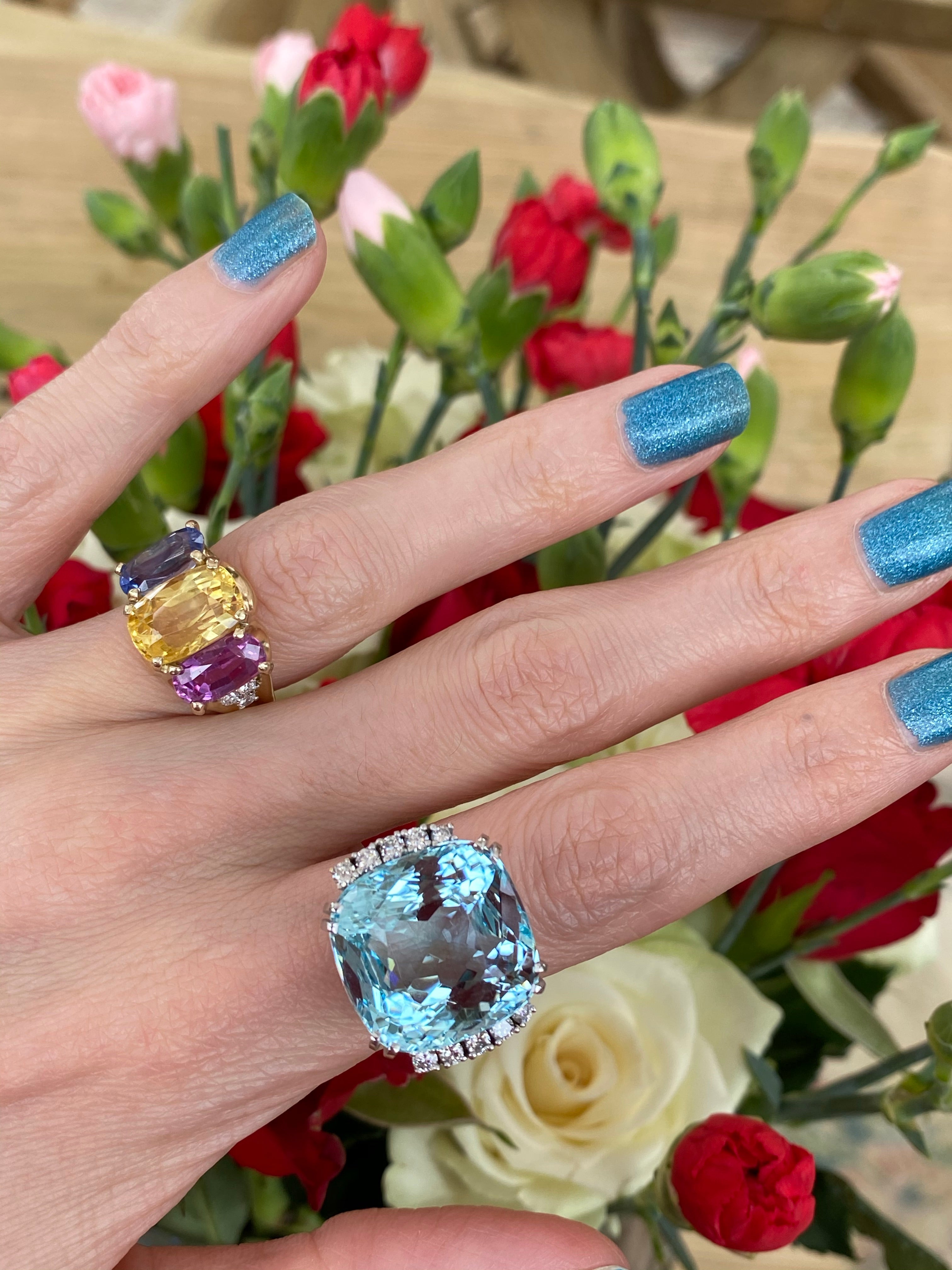 No Heat Pink, Yellow and Blue Sapphire Cushion Cut Engagement Ring