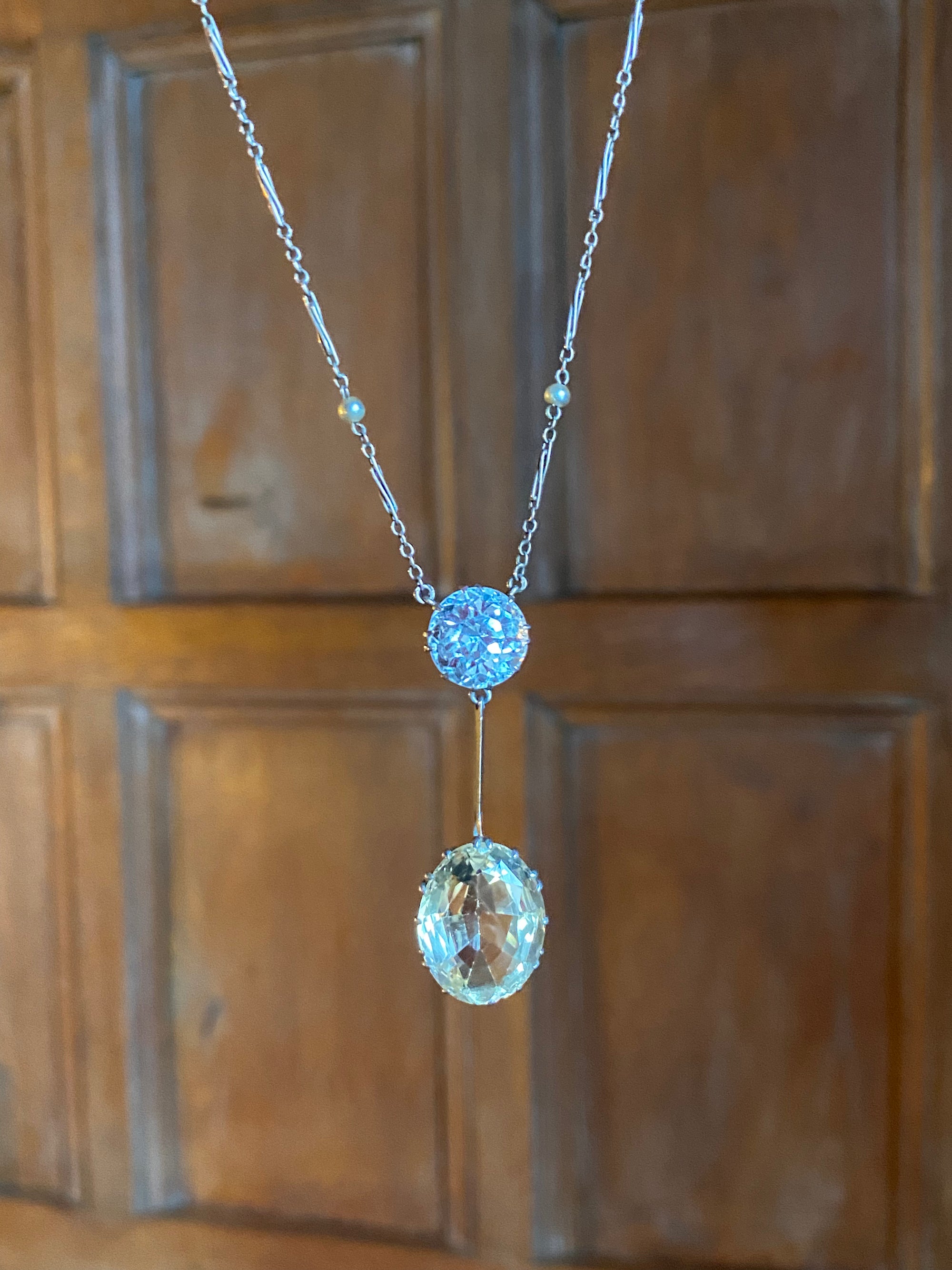 Edwardian 5.00 Carat Blue Zircon, 10.00 Carat Citrine and Seed Pearl Lavaliere Necklace