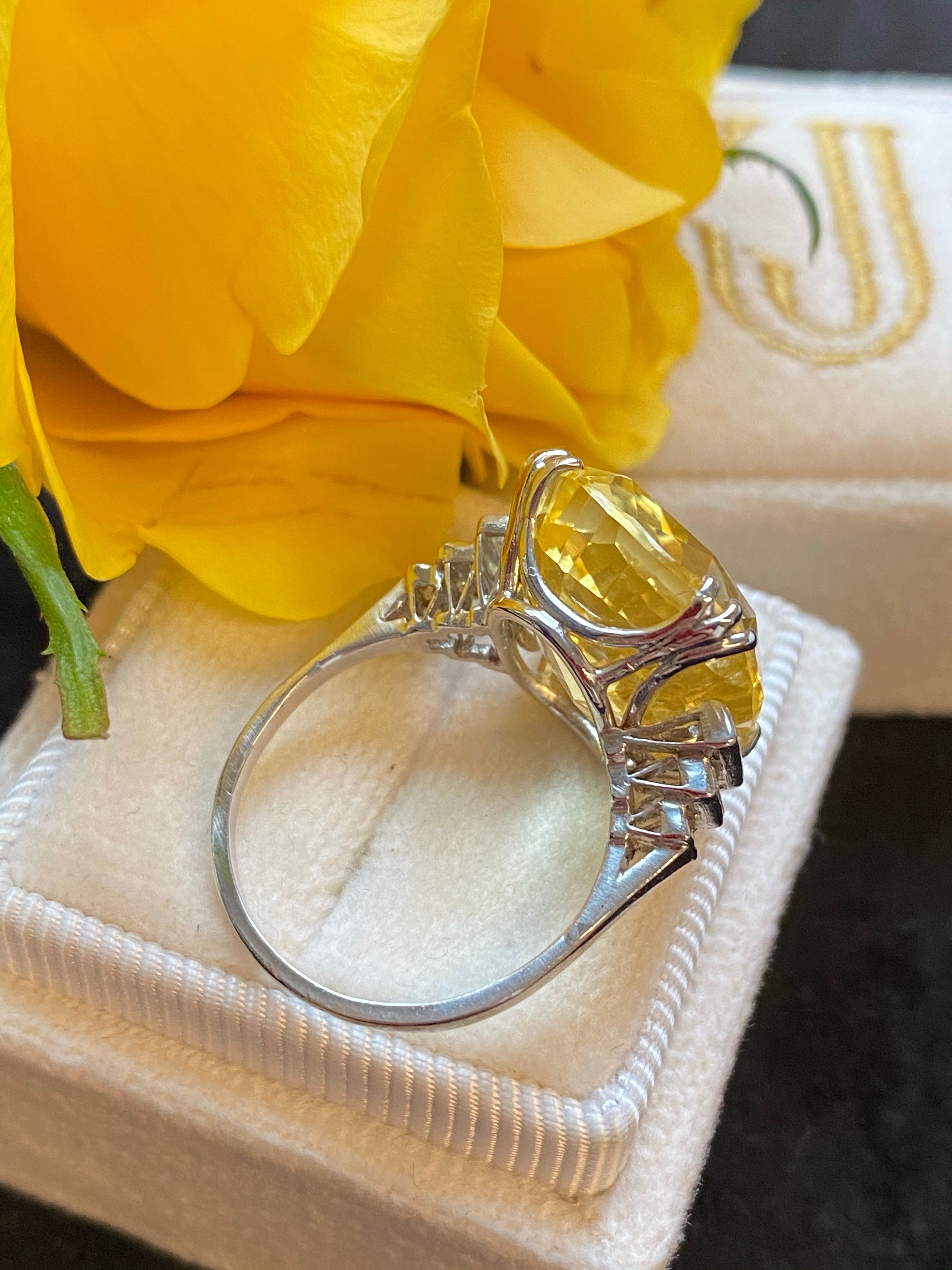 19.60 Carat Certified Unheated Yellow Sapphire and Diamond Art Deco Ring