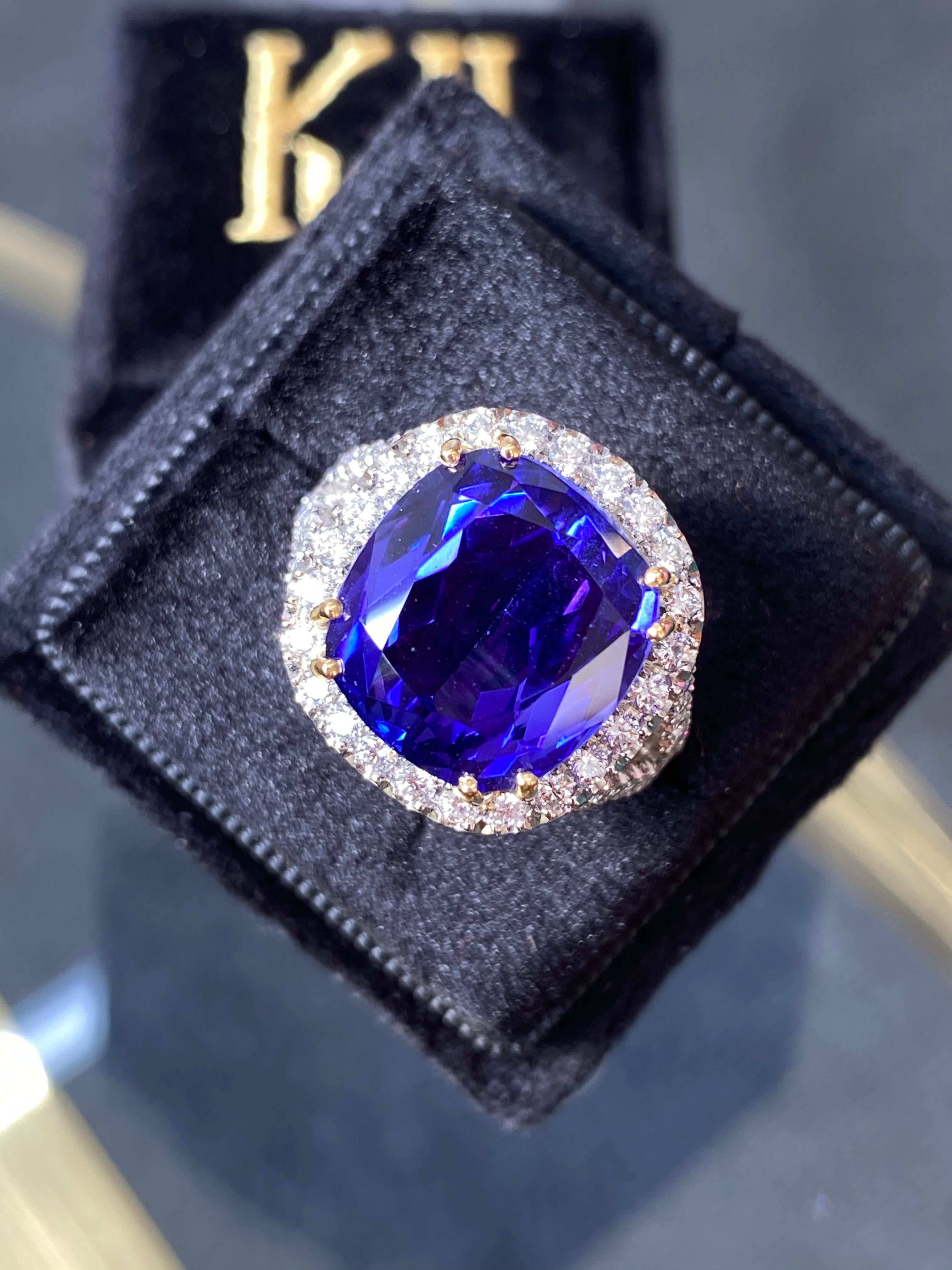 12.00 Carat Cushion-Cut Tanzanite and Diamond Ring in Platinum