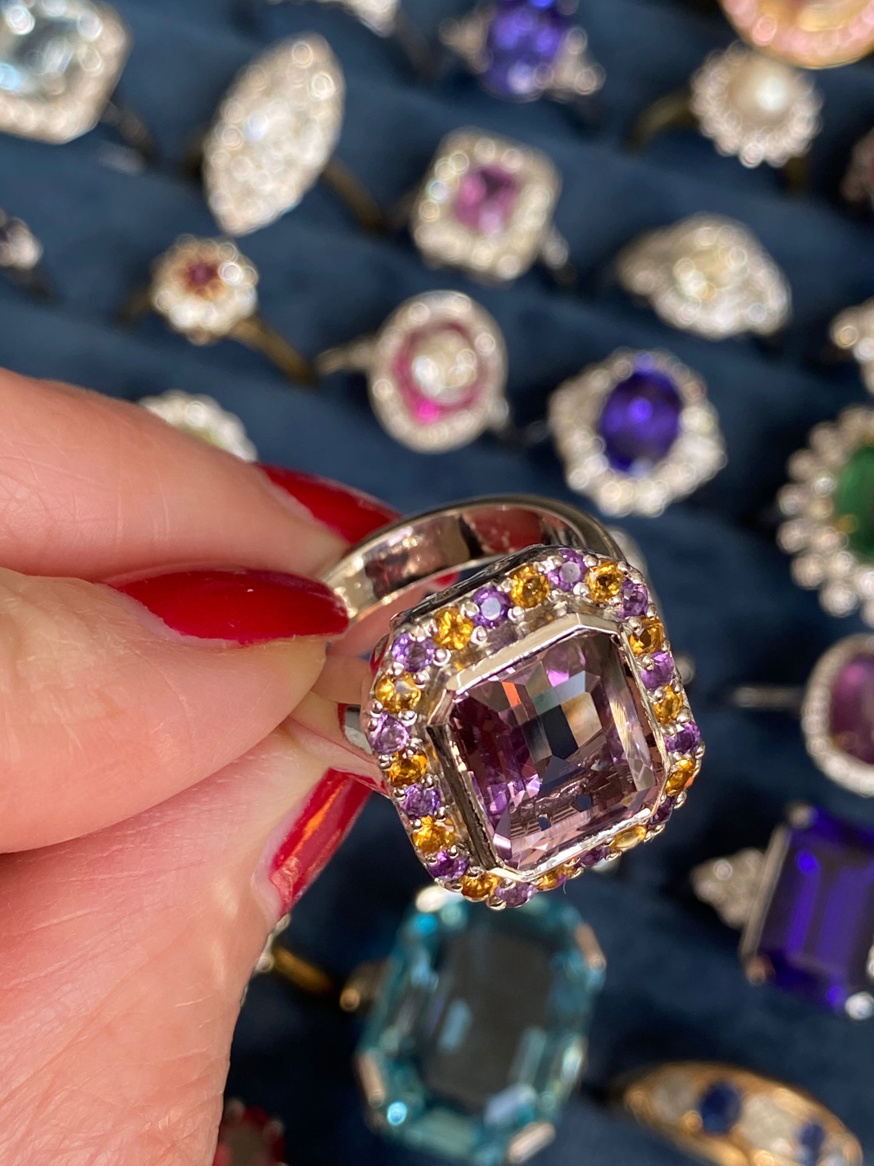 Ametrine, Amethyst and Citrine Halo Cocktail Ring in Sterling Silver