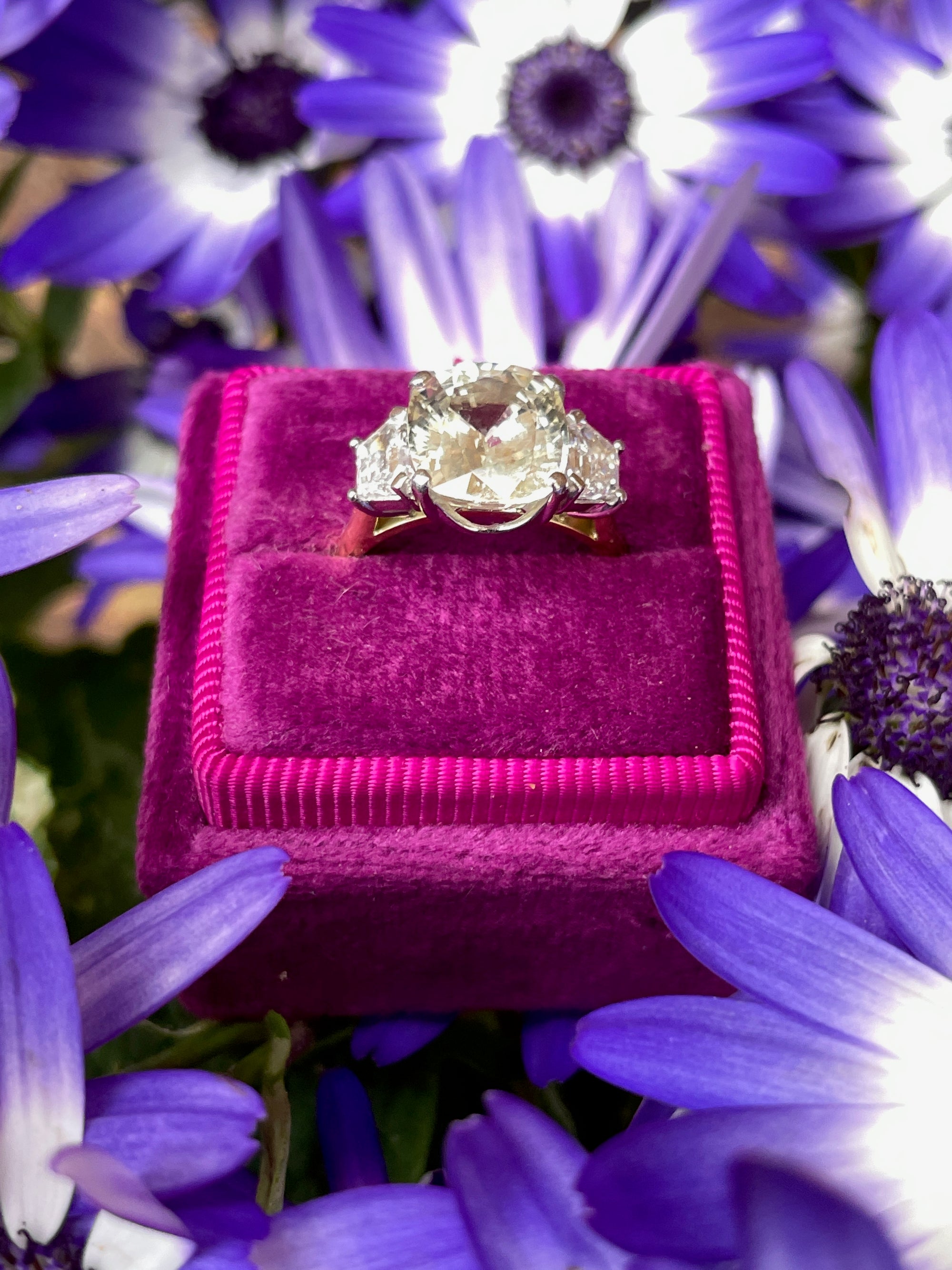 4.21 Carat Yellow Sapphire and Diamond Three Stone Ring in 18ct Yellow Gold
