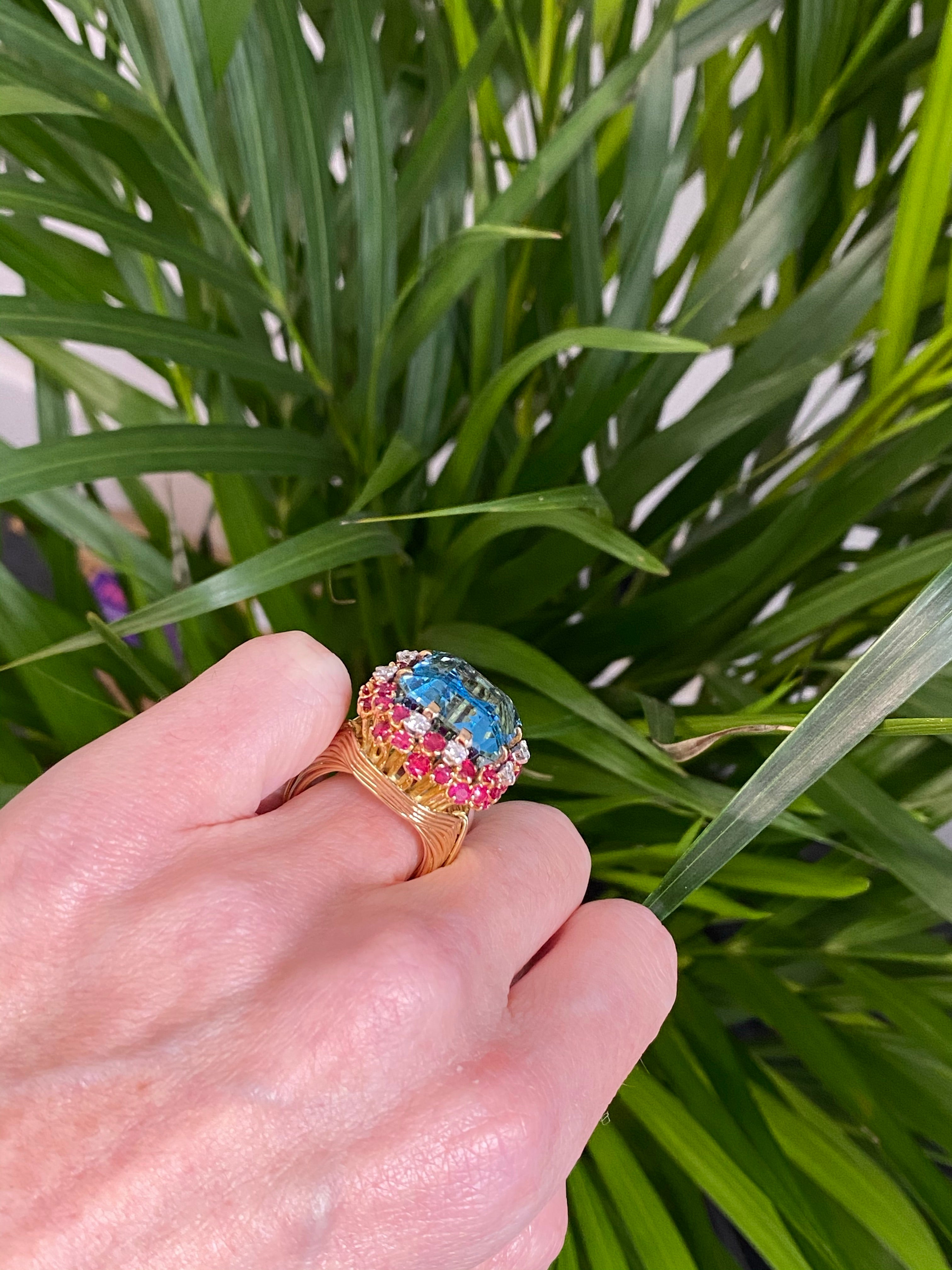 35.00 CTW Mellerio Aquamarine, Ruby, and Diamond Vintage Cocktail Ring in 18ct Yellow Gold