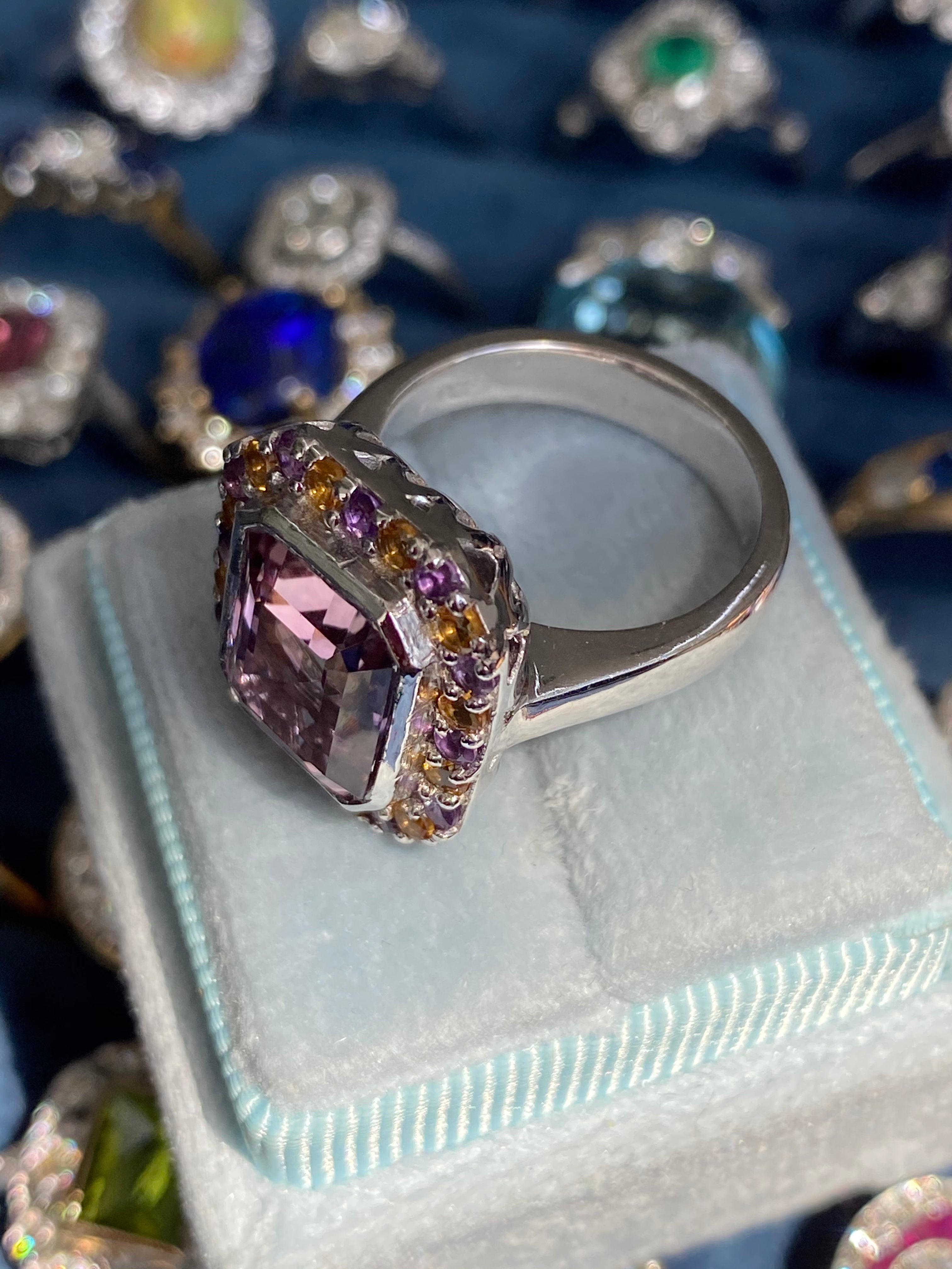 Ametrine Amethyst and Citrine Halo Cocktail Ring in Sterling Silver