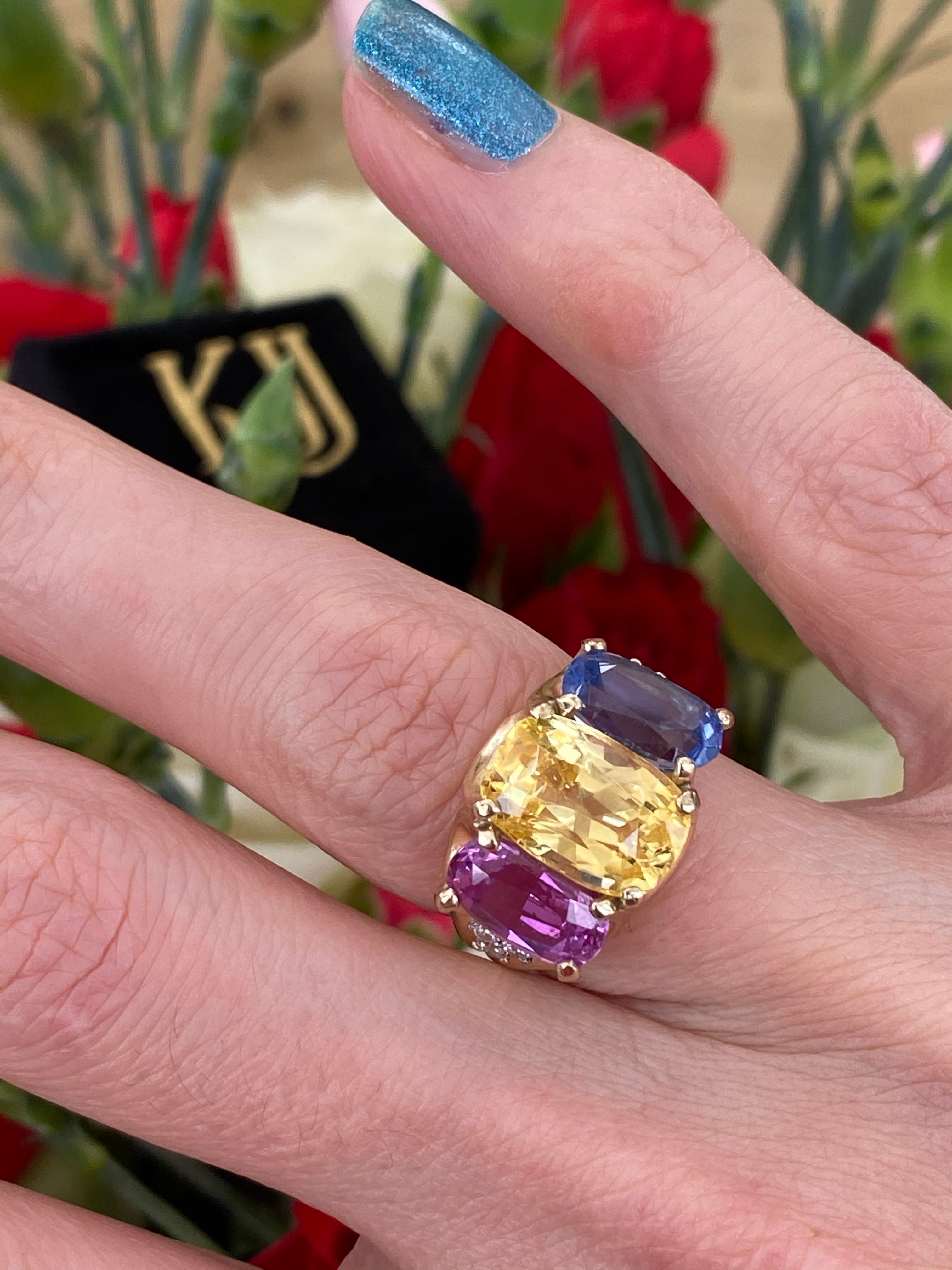 No Heat Pink, Yellow and Blue Sapphire Cushion Cut Engagement Ring